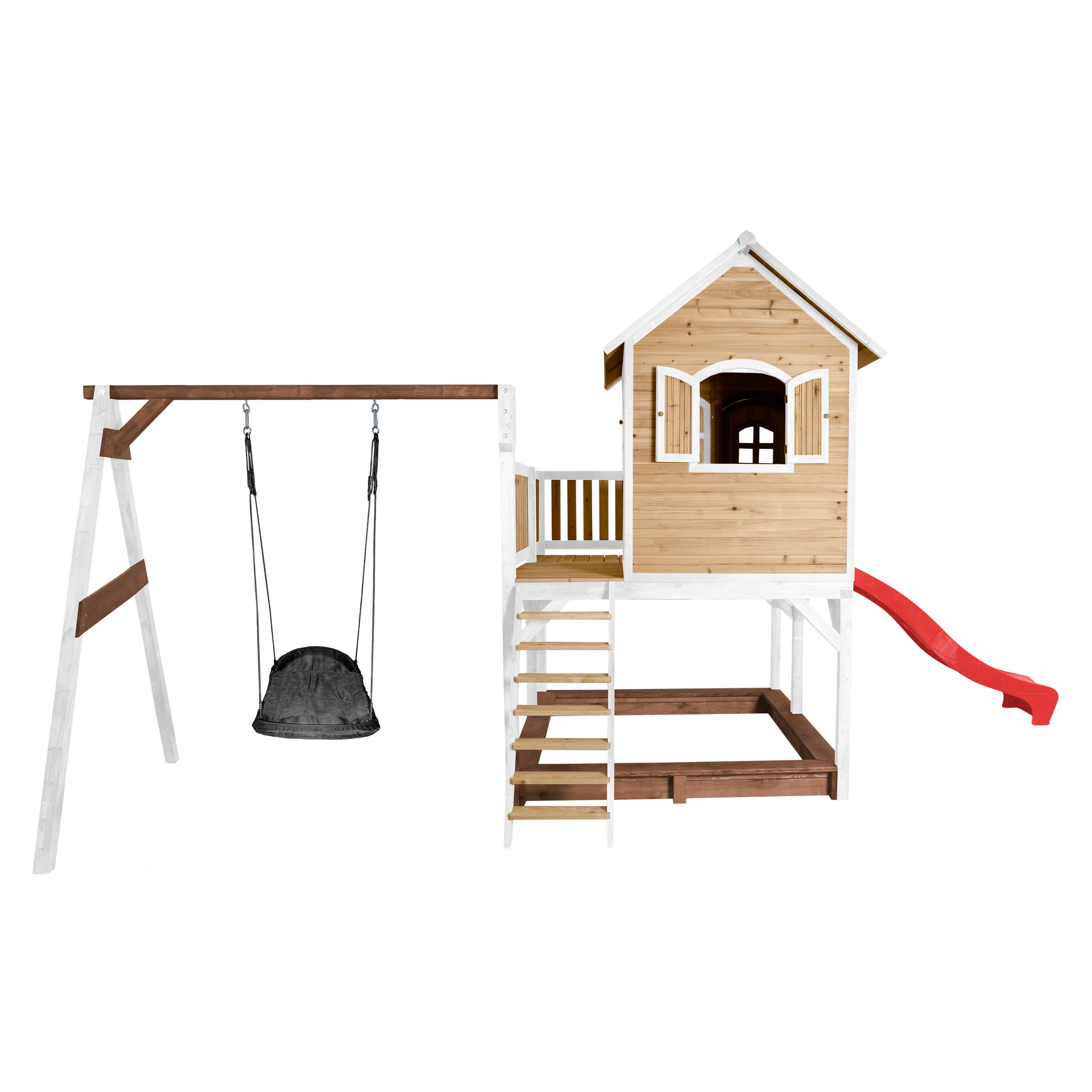 Maisonnette en bois Liam, Bac à Sable, Balançoire et Toboggan Rouge 5/7