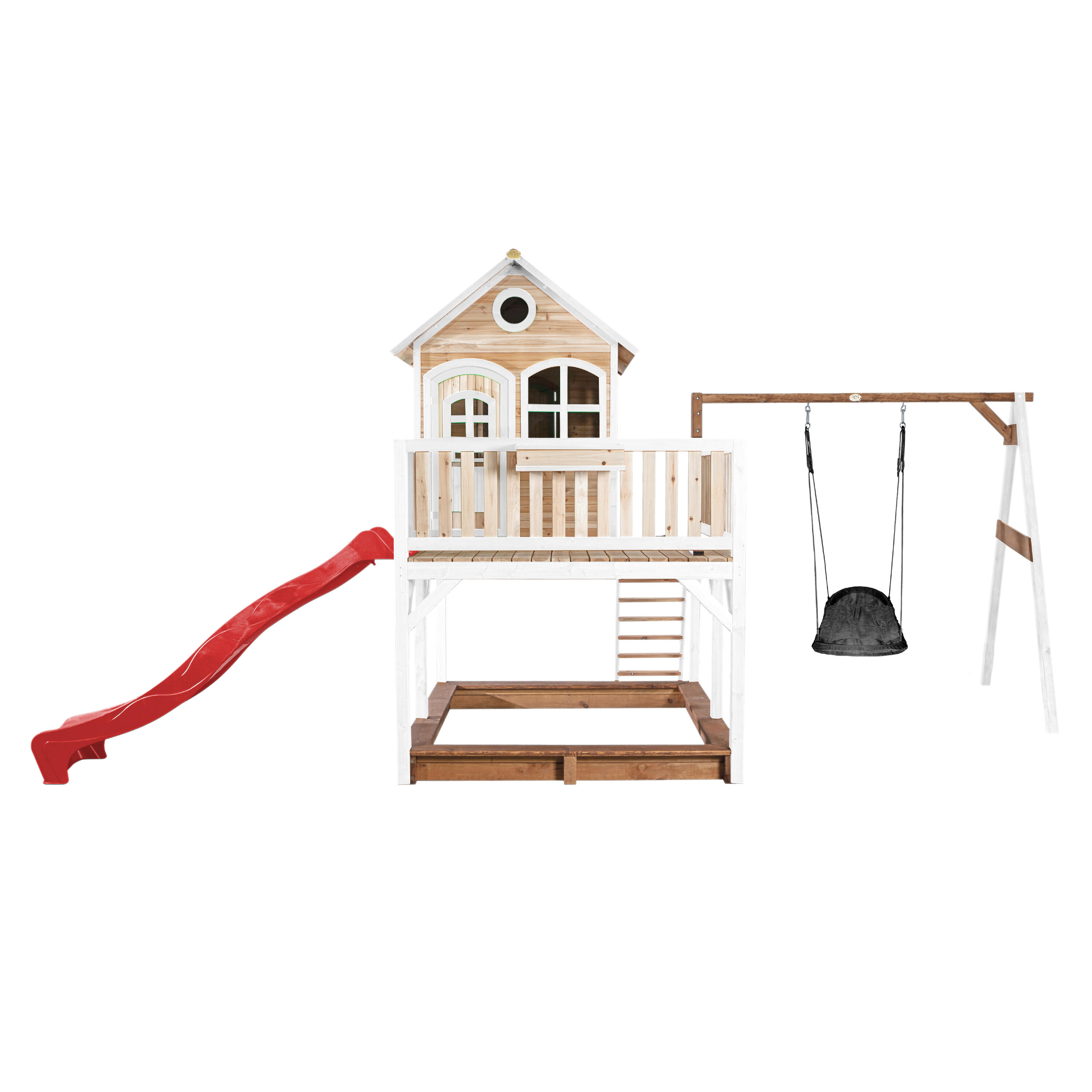 Maisonnette en bois Liam, Bac à Sable, Balançoire et Toboggan Rouge 2/7