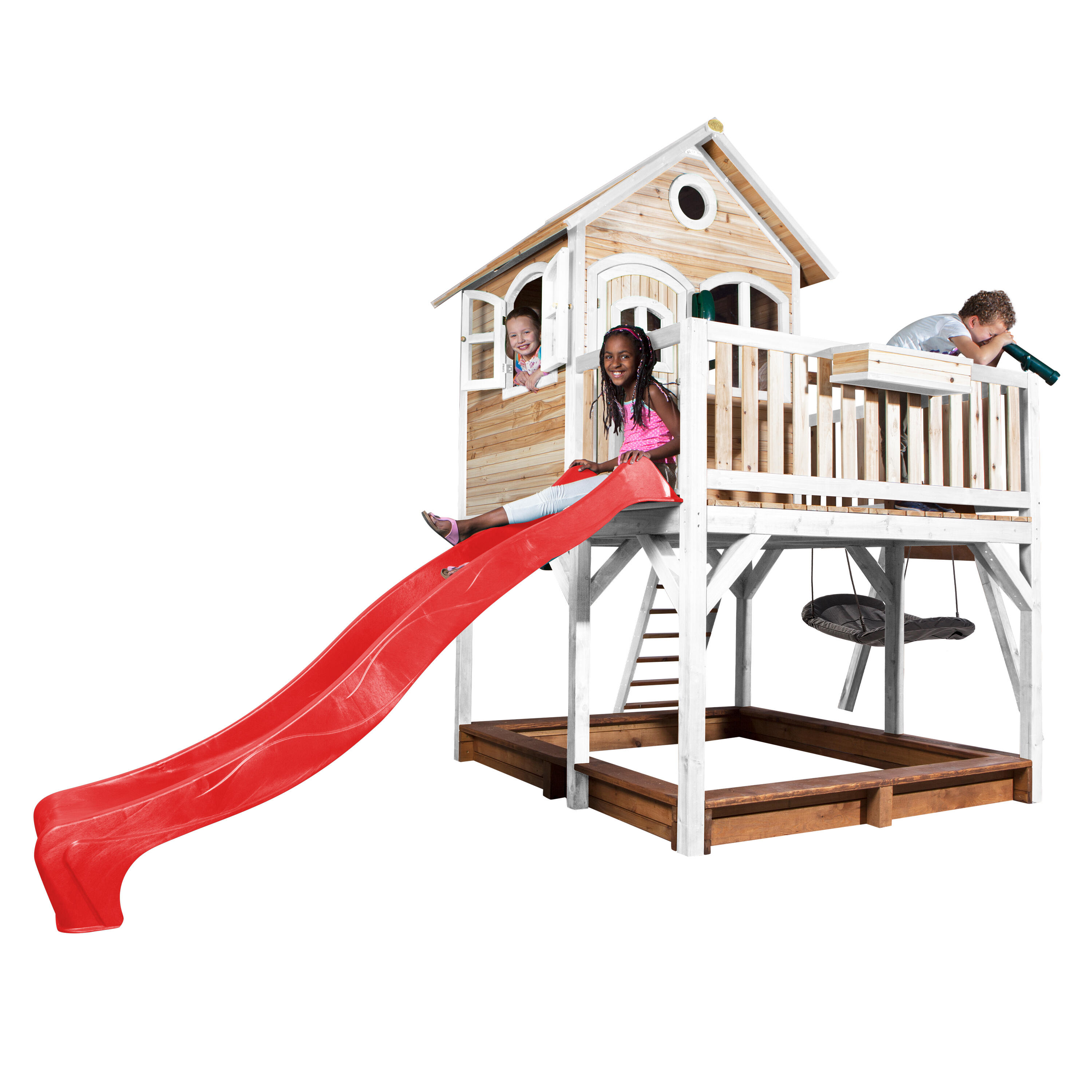 Maisonnette en bois Liam, Bac à Sable, Balançoire et Toboggan Rouge 7/7
