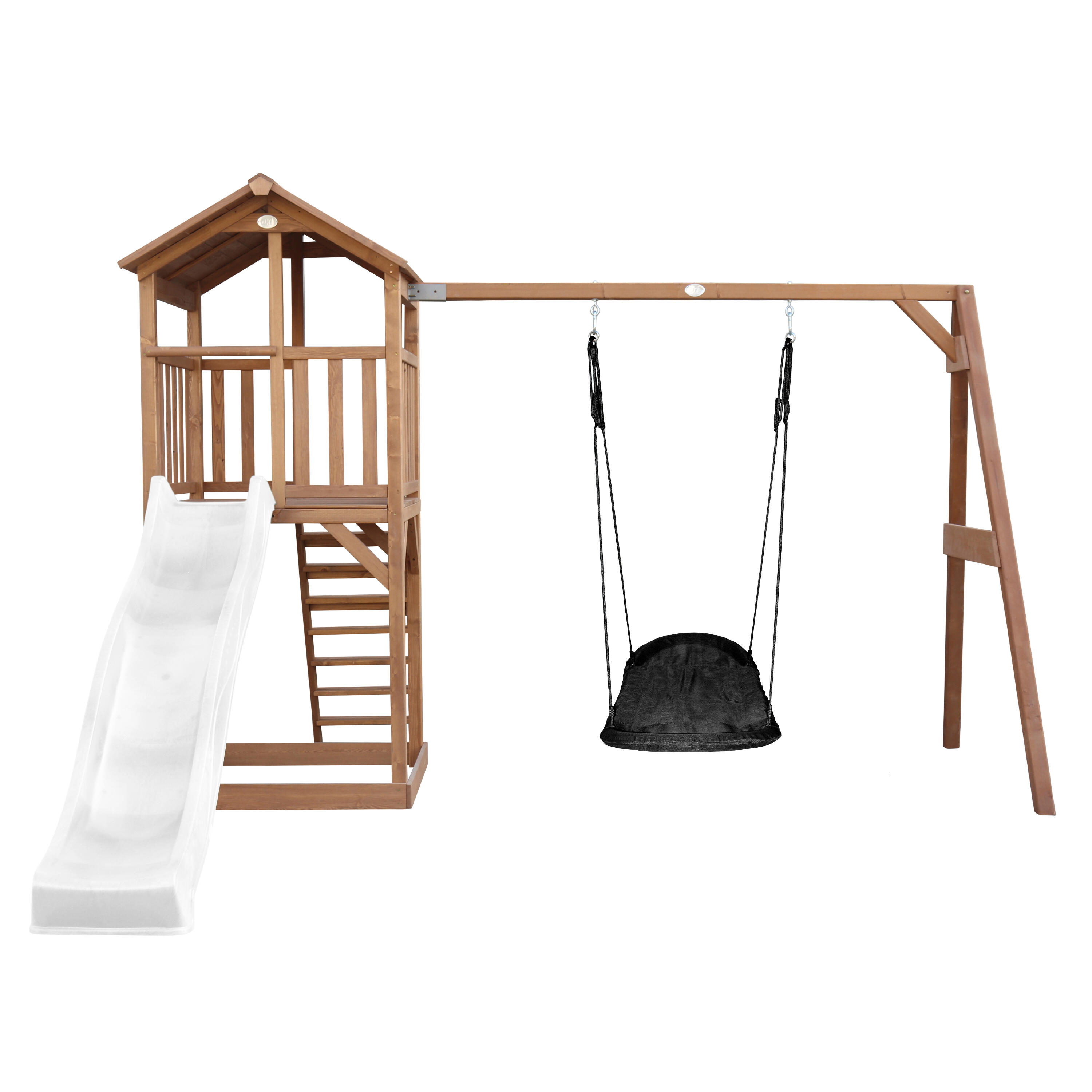 Parque infantil Beach Tower marrón, columpio nido, tobogán blanco 2/7