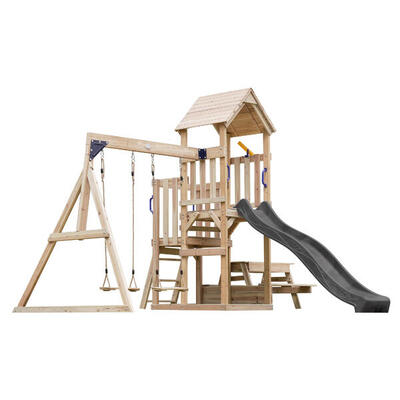 Mette speeltoestel met dubbele schommel van fsc-hout, glijbaan blauw