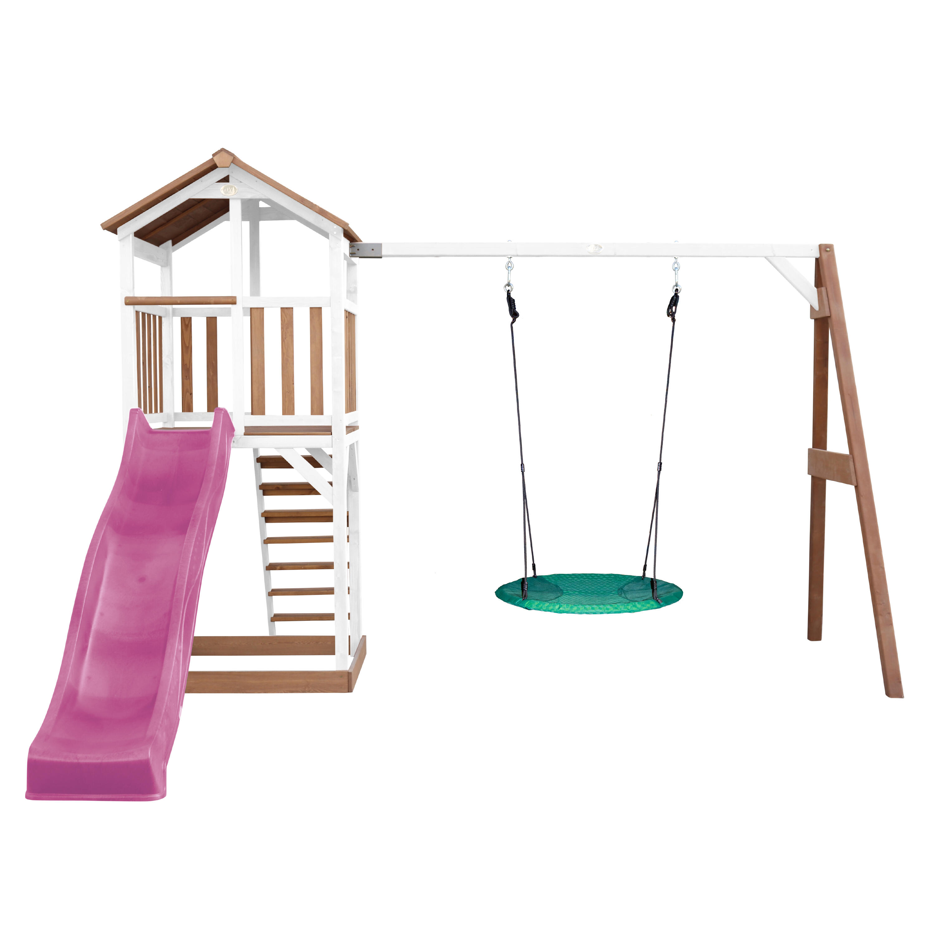 Parque Infantil Beach Tower marrón/blanca, tobogán violeta, columpio 2/7