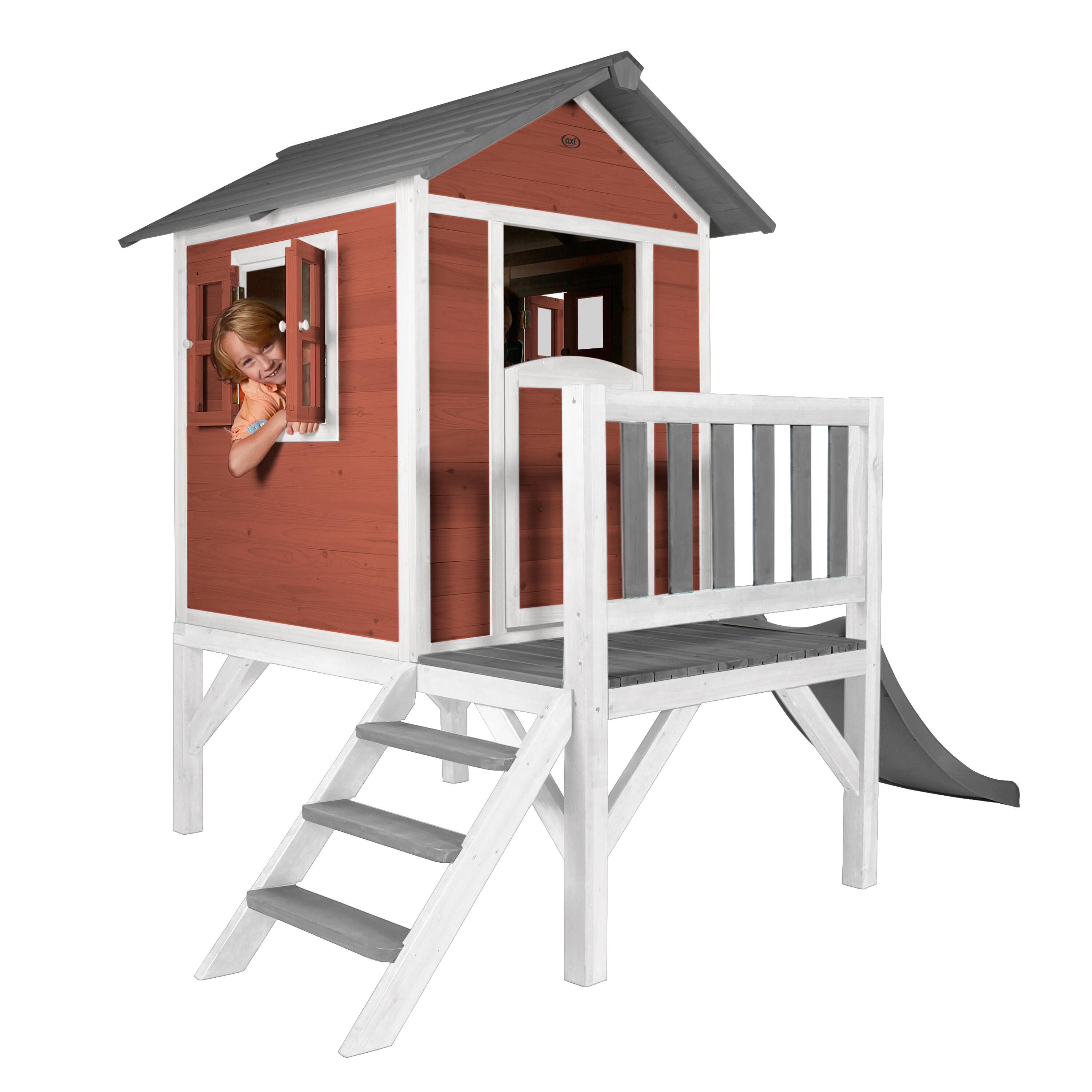Maisonnette en bois Lodge XL Rouge - Toboggan Gris 6/7