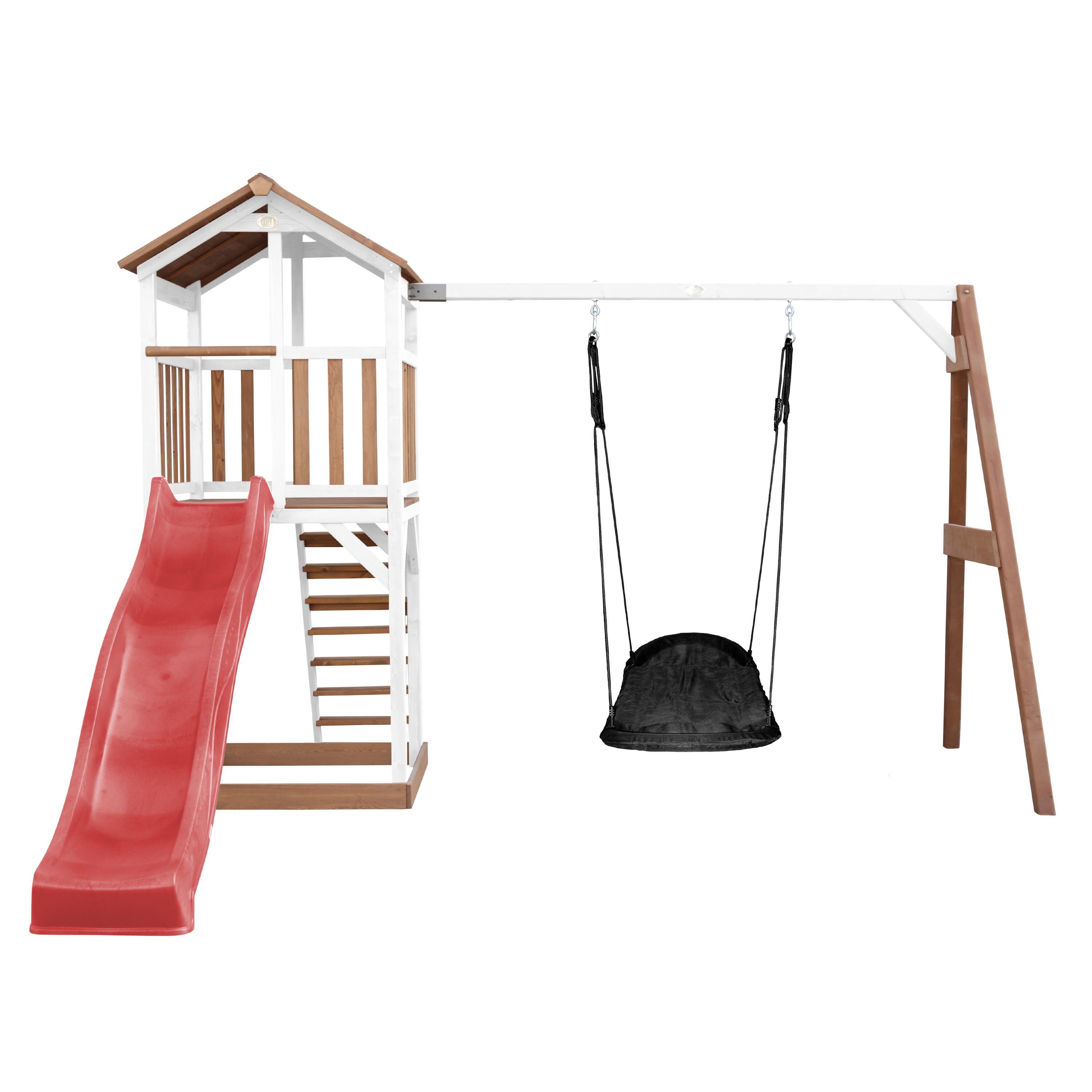 Aire de jeux Beach Tower Marron/Blanche, Toboggan Rouge, Balançoire 2/7