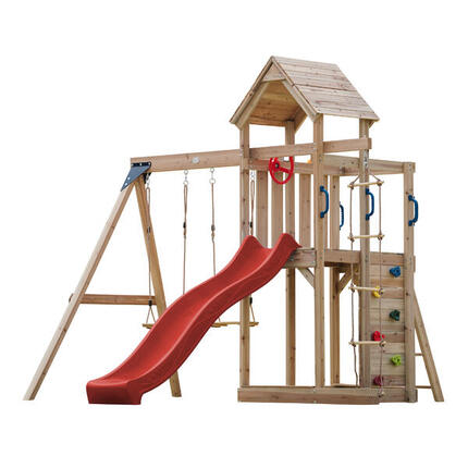 Aire de jeux, Moos avec balançoire double et échelle en corde - toboggan vert