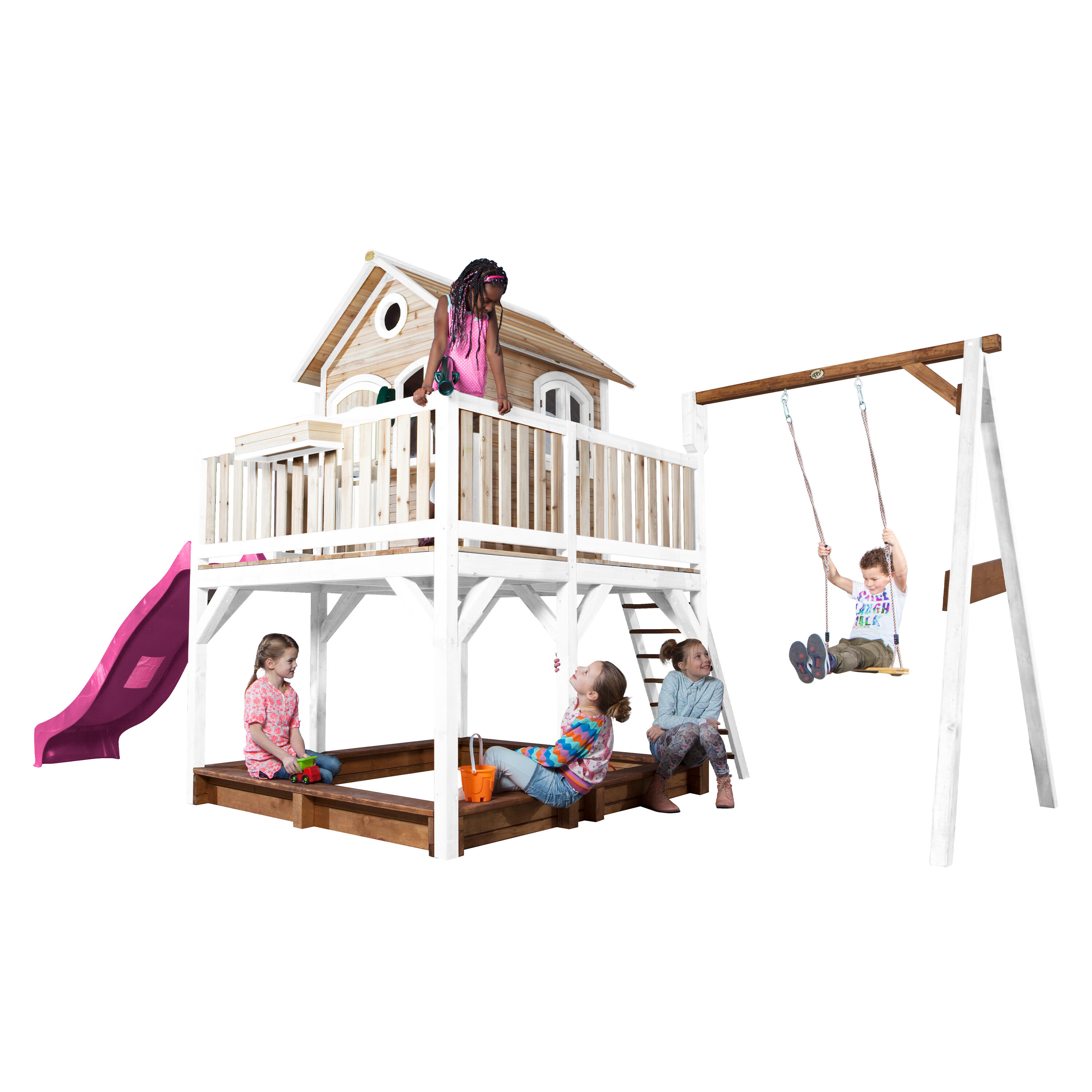 Maisonnette en bois Liam Marron/Blanche avec 1 Balançoire - Toboggan Violet 7/7