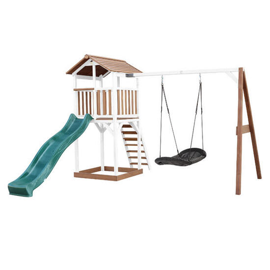 Aire de jeux Beach Tower Marron/Blanche, Toboggan Vert, Balançoire