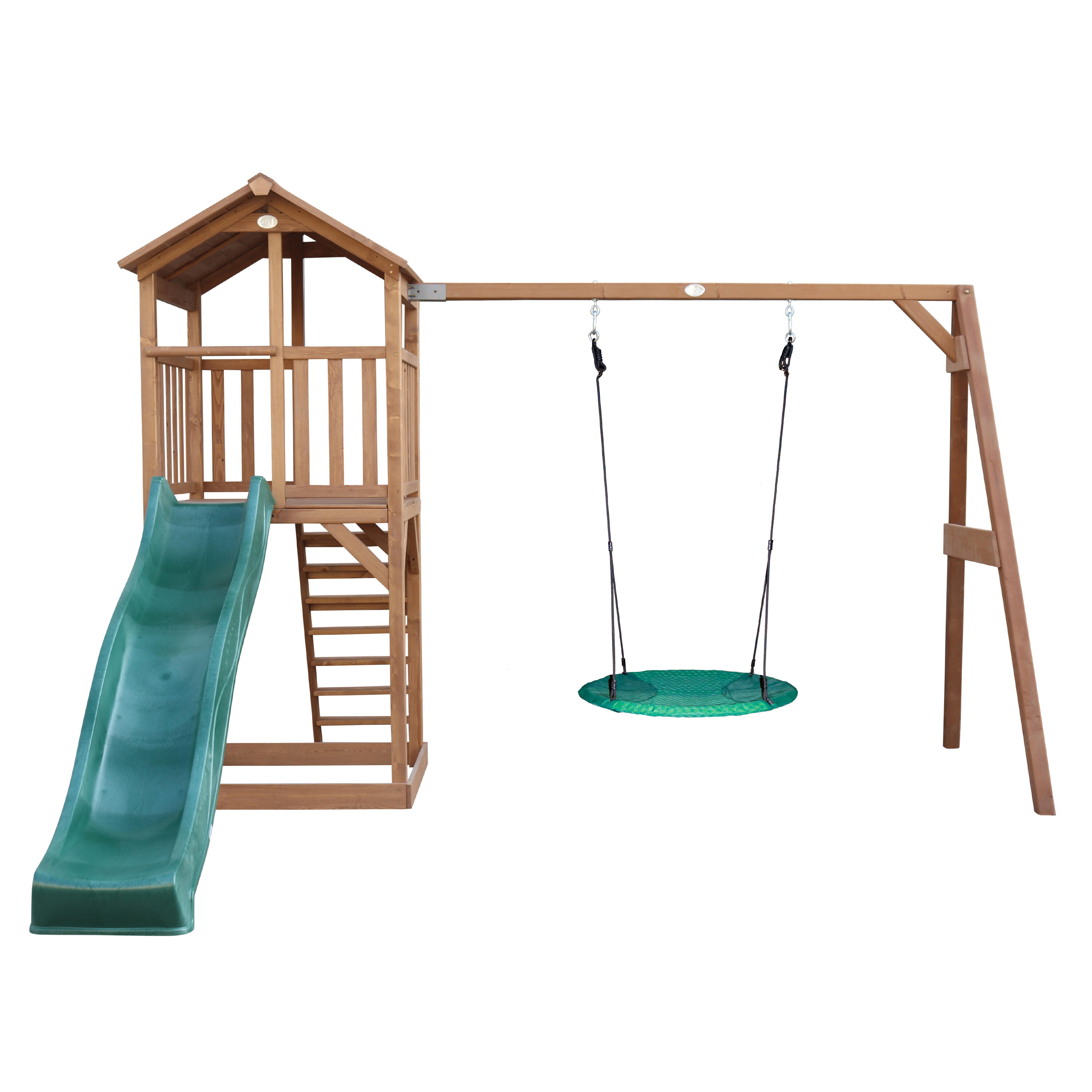 Parque Infantil Beach Tower marrón, tobogán verde,  columpio nido 2/7