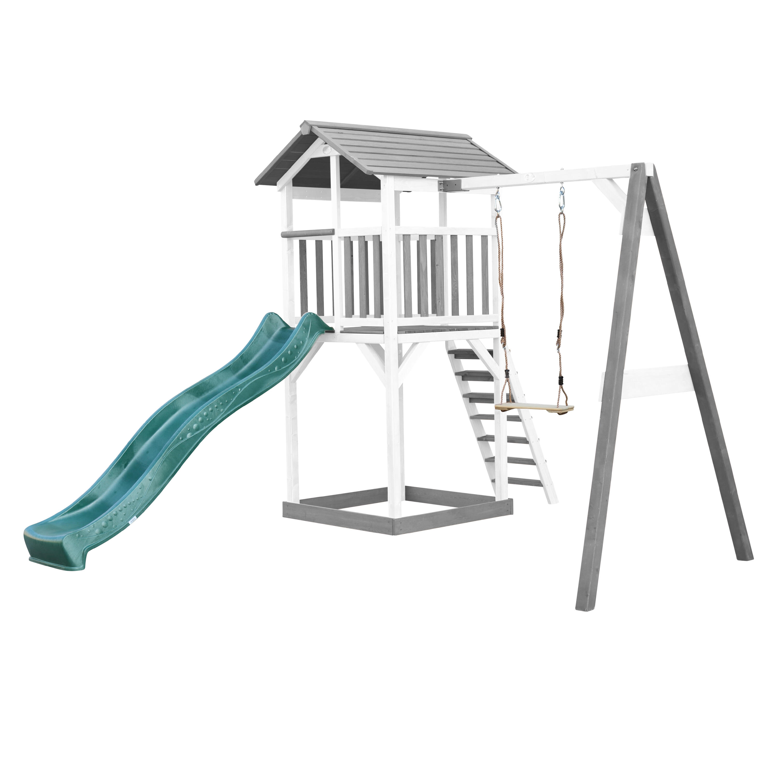 Beach Tower Speeltoren Grijs, Glijbaan Groen, Schommel/Zandbak 2/7