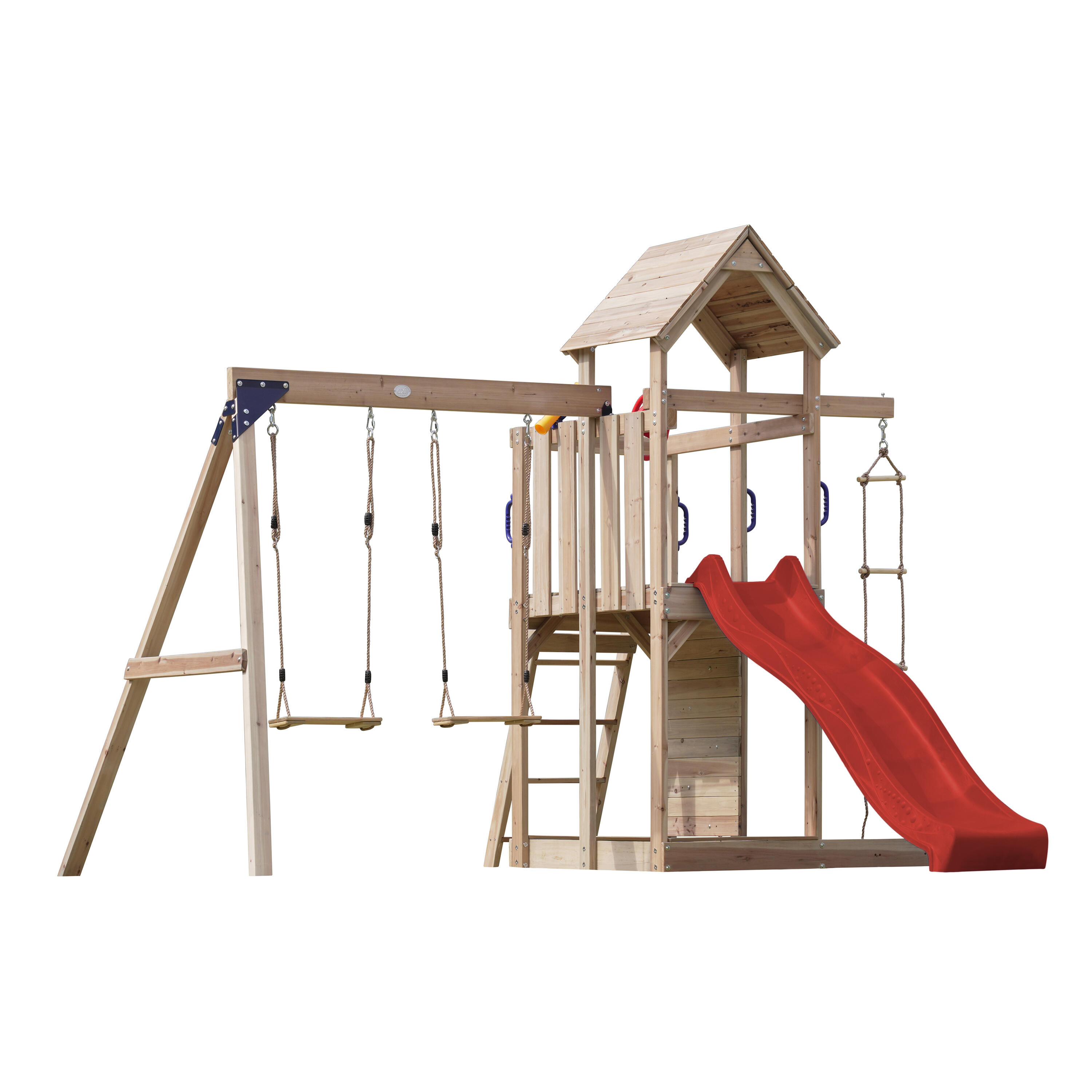 Aire de jeux, Moos avec balançoire double et échelle en corde - toboggan rouge 2/7