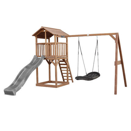 Aire de jeux Beach Tower marron, Toboggan Bleu, Balançoire Nid d'oiseau
