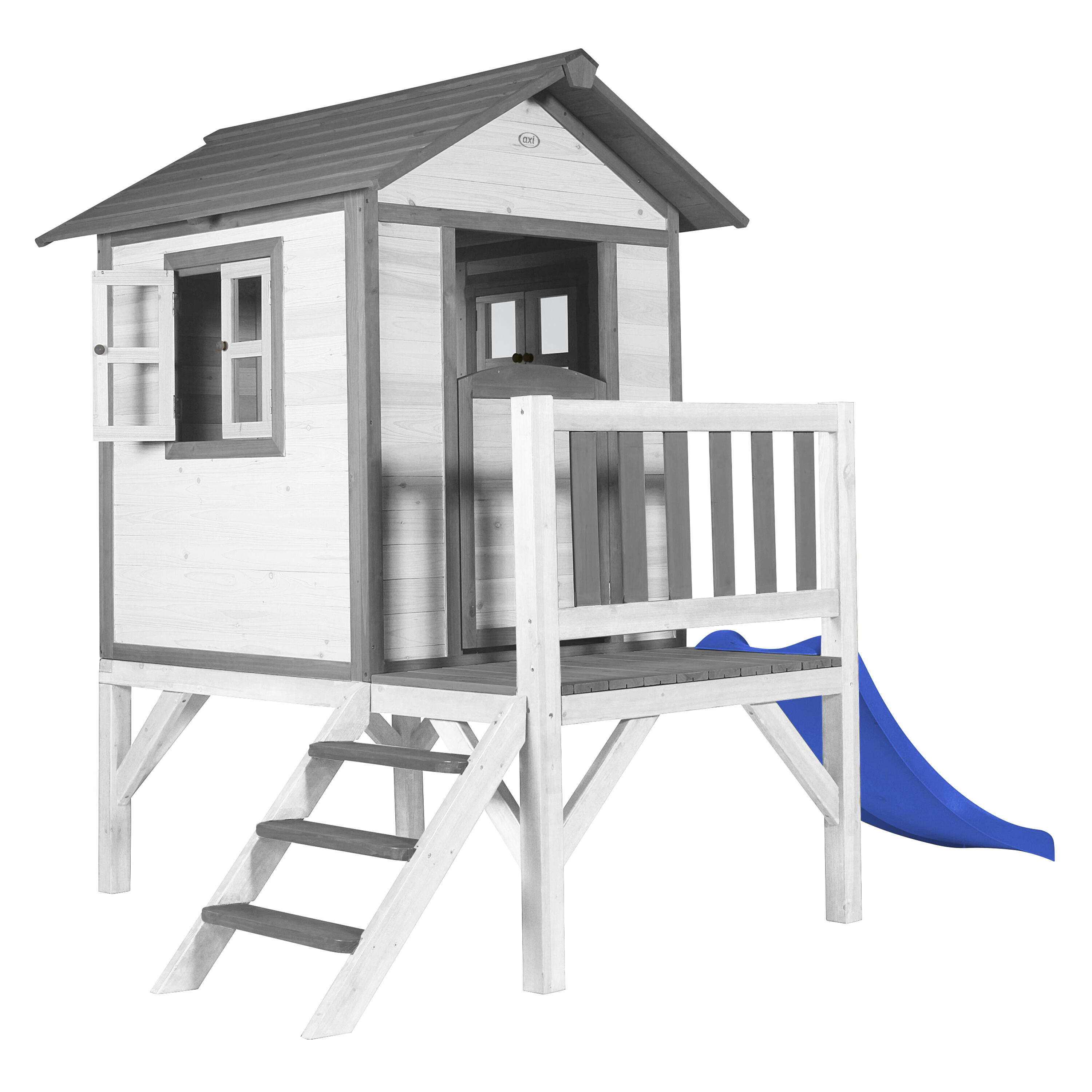 Maisonnette en bois Lodge XL Blanche - Toboggan Bleu 2/7