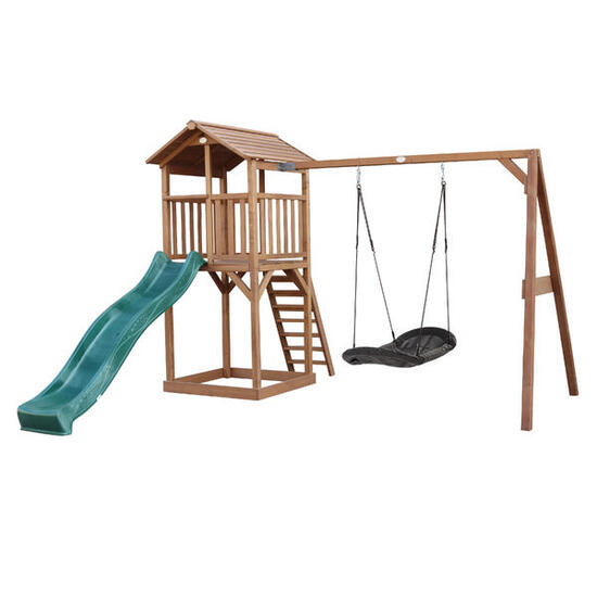 Aire de jeux Beach Tower marron, Toboggan Vert, Balançoire Nid d'oiseau