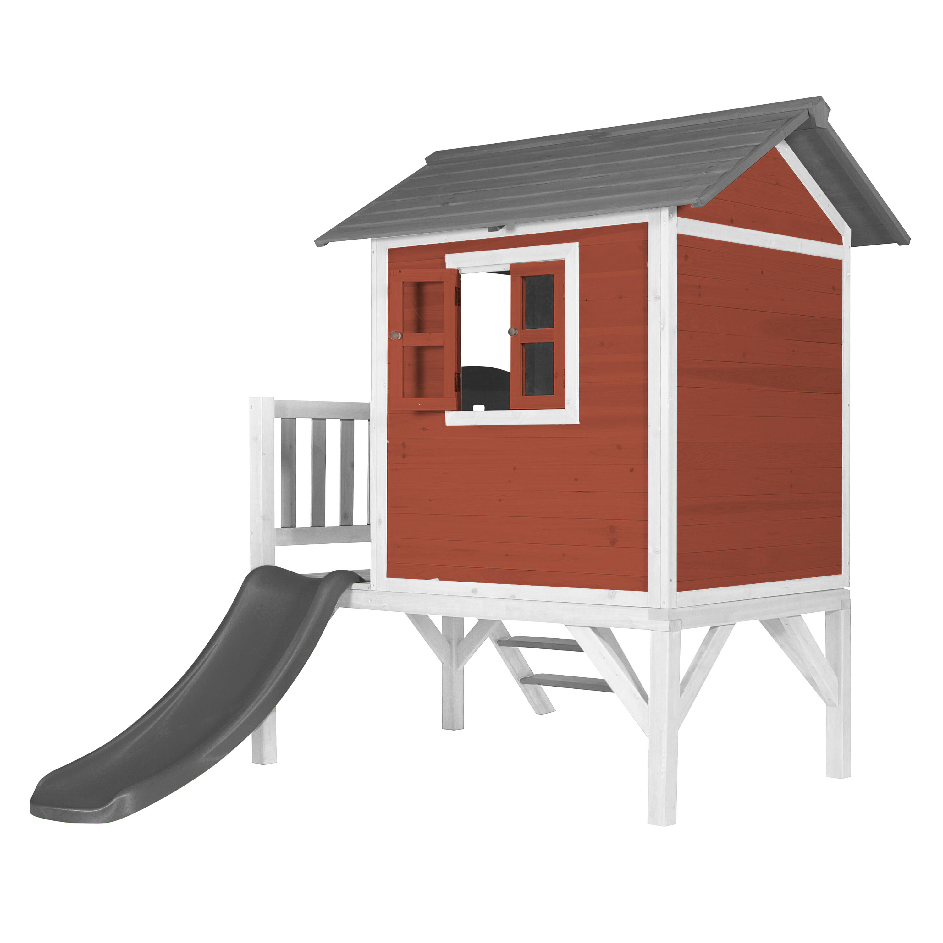 Maisonnette en bois Lodge XL Rouge - Toboggan Gris 4/7