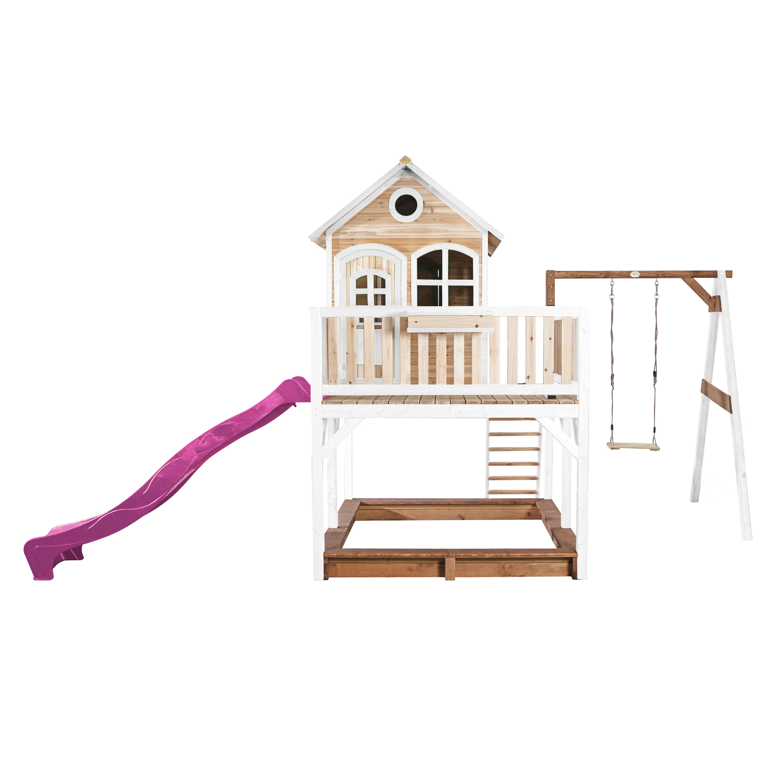 Maisonnette en bois Liam Marron/Blanche avec 1 Balançoire - Toboggan Violet 2/7