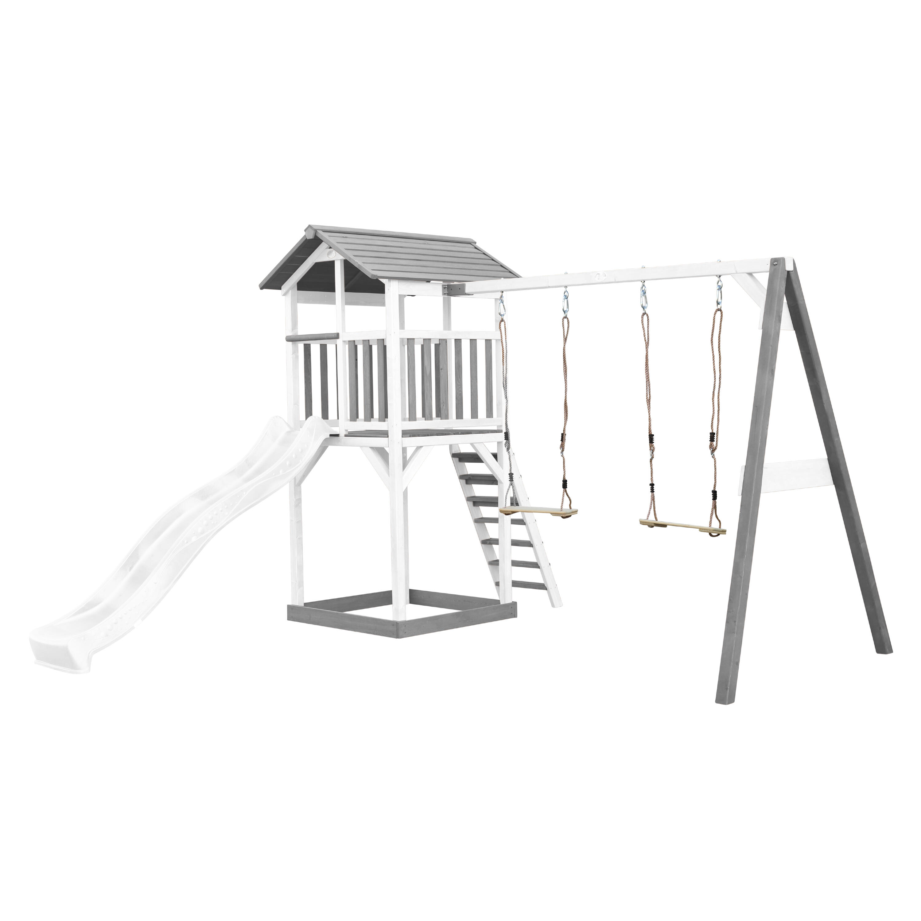 Aire de jeux Beach Tower Grise/Blanche avec 2 Balançoires - Toboggan Blanc 2/7