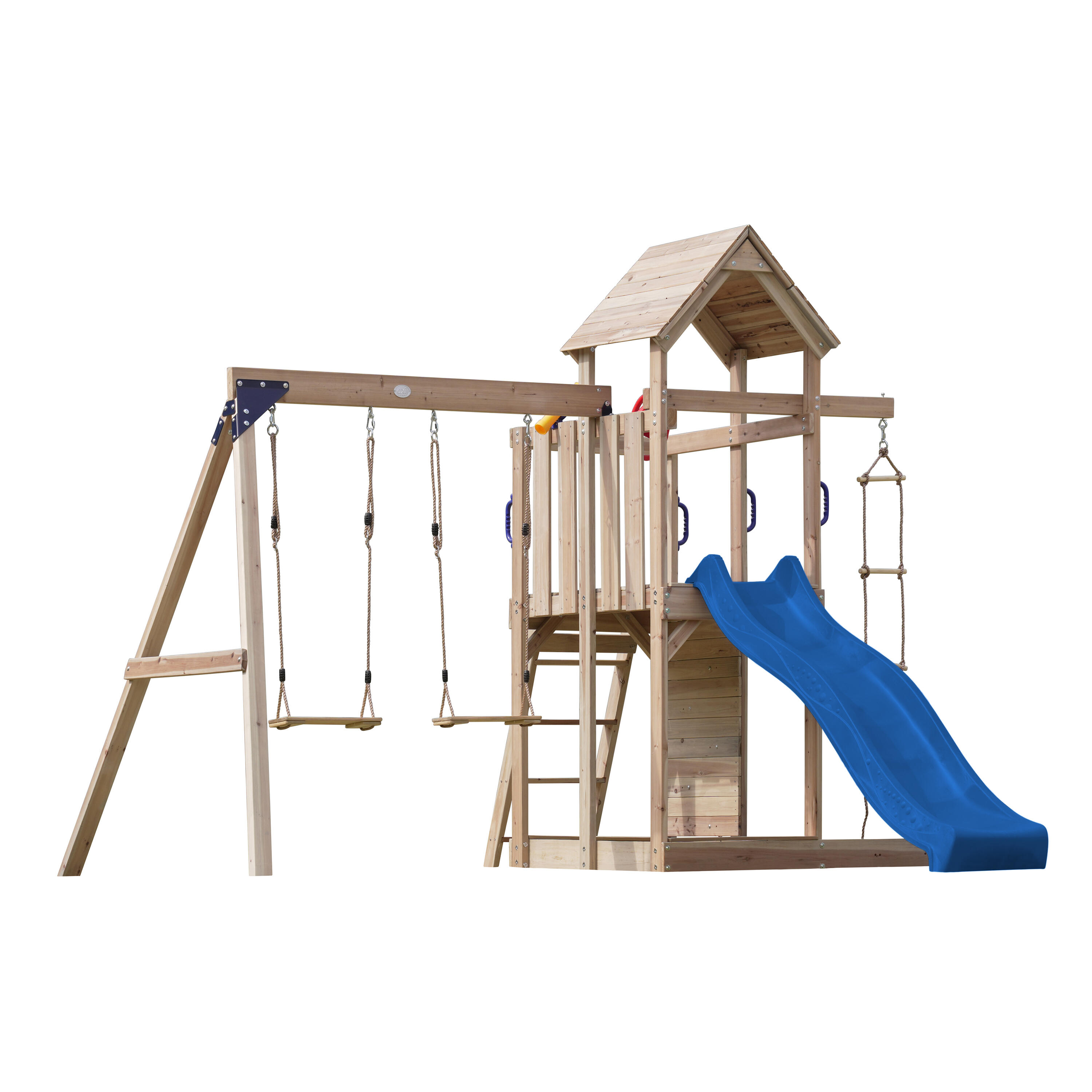 Aire de jeux, Moos avec balançoire double et échelle en corde - toboggan bleu 2/7