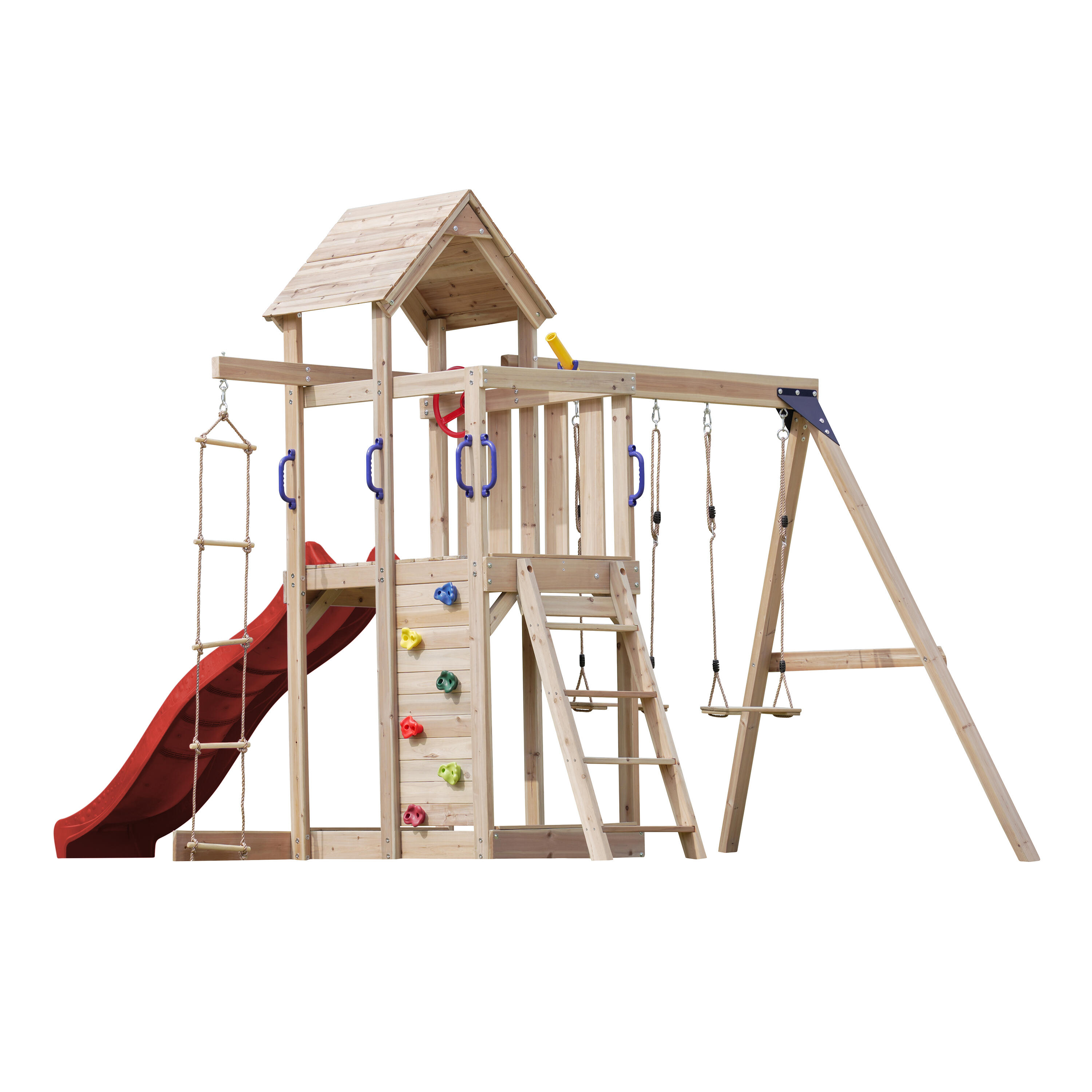 Aire de jeux, Moos avec balançoire double et échelle en corde - toboggan rouge 6/7
