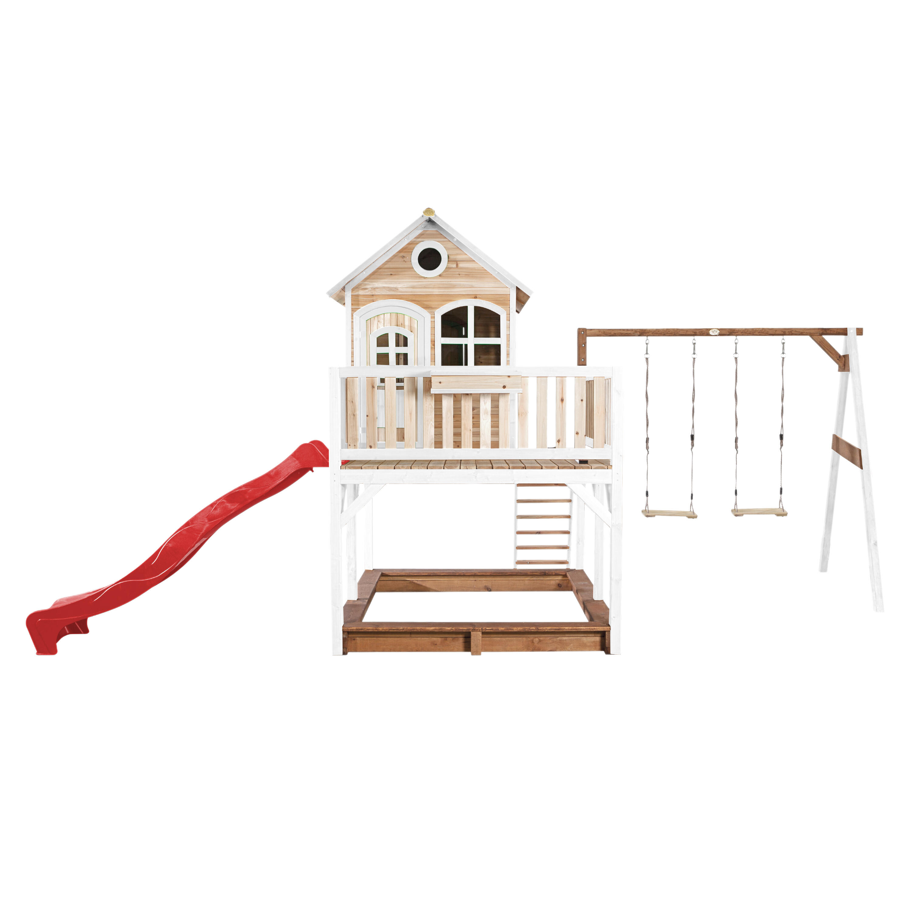 Maisonnette en bois Liam Marron/Blanche avec 2 Balançoires - Toboggan Rouge 2/7