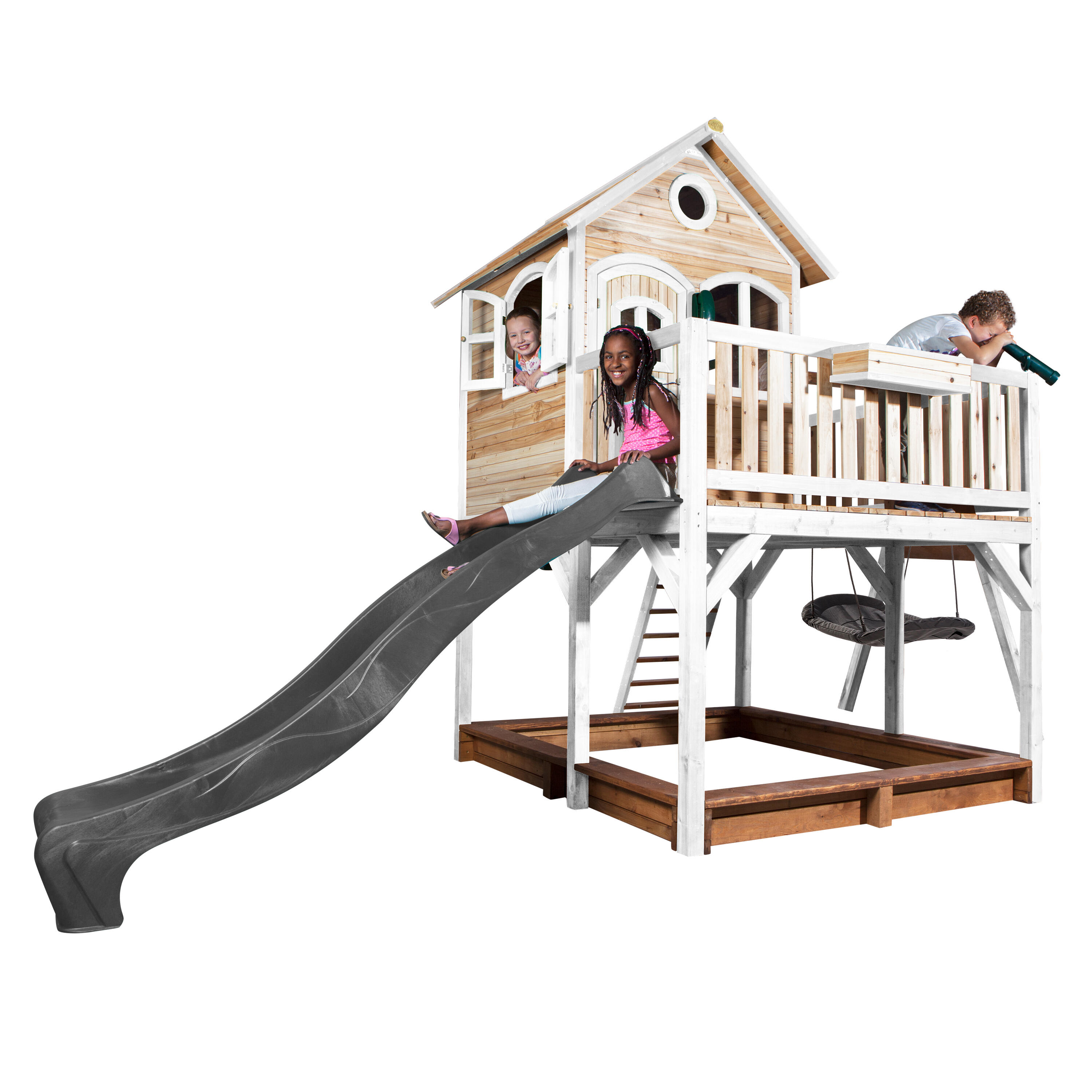 Maisonnette en bois Liam,Bac à Sable, Balançoire, Toboggan Gris 7/7