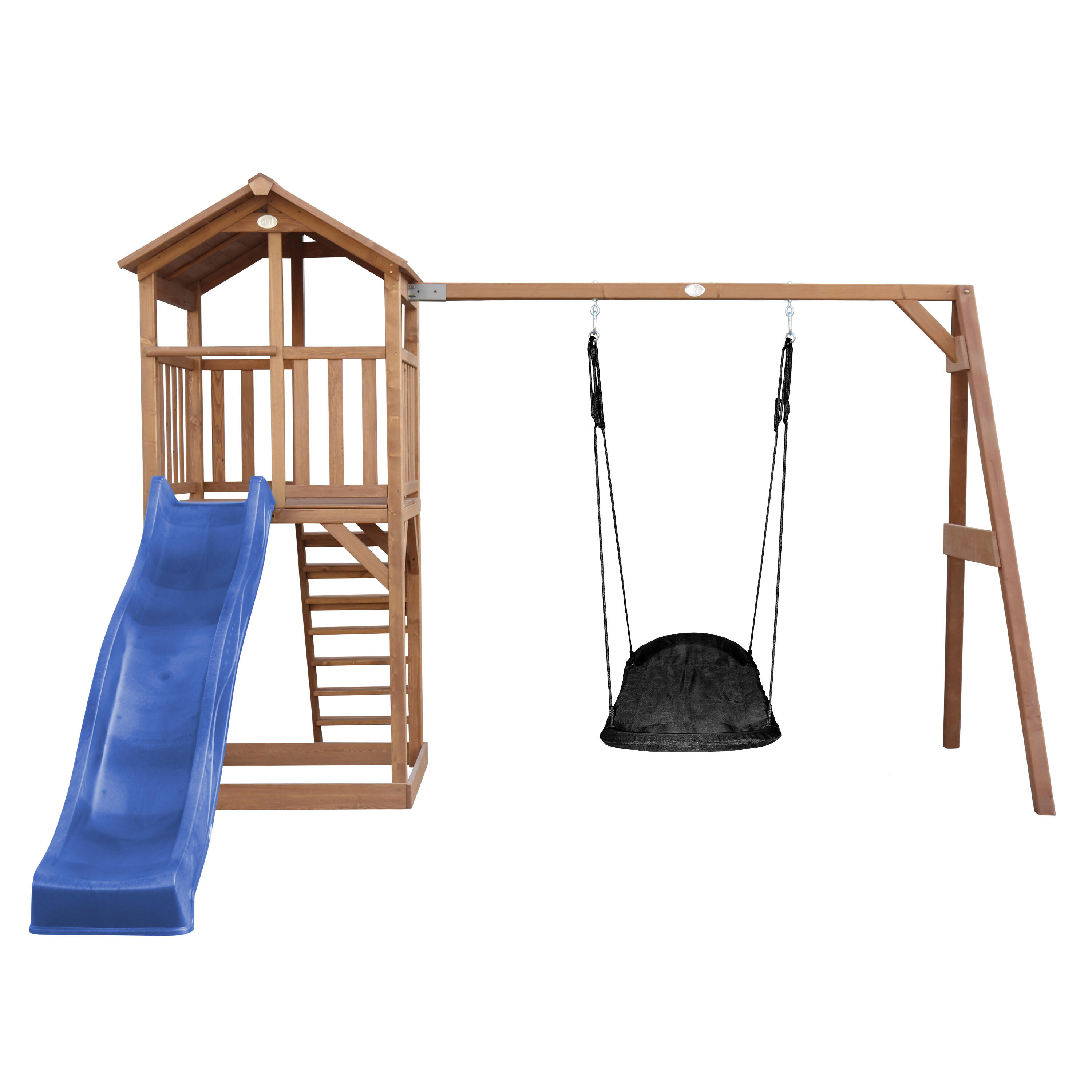 Aire de jeux Beach Tower marron, Toboggan Bleu,  Balançoire Nid d'oiseau 2/7