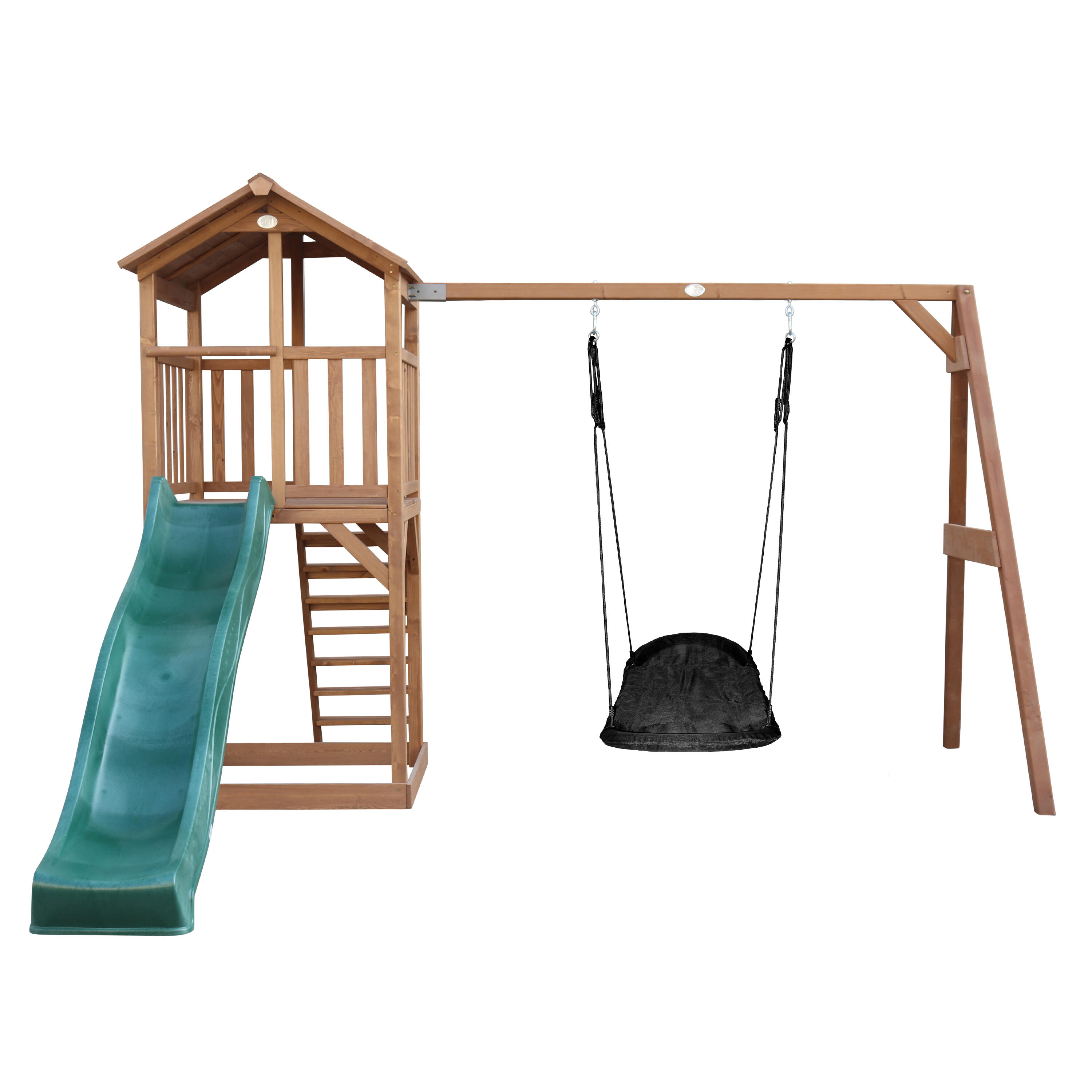Aire de jeux Beach Tower marron, Toboggan Vert,  Balançoire Nid d'oiseau 2/7