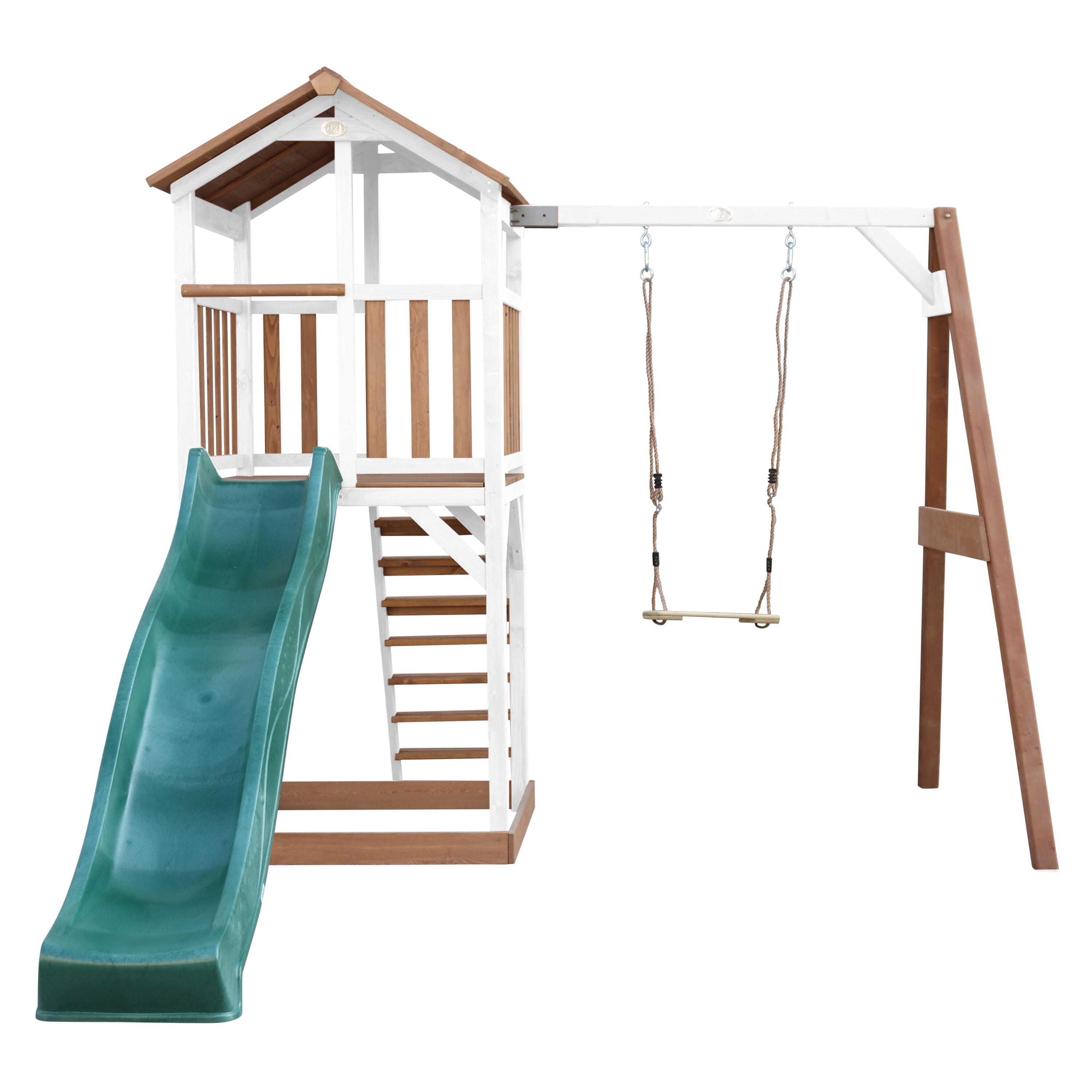 Aire de jeux Beach Tower Marron/Blanche avec 1 Balançoire - Toboggan Vert 5/7
