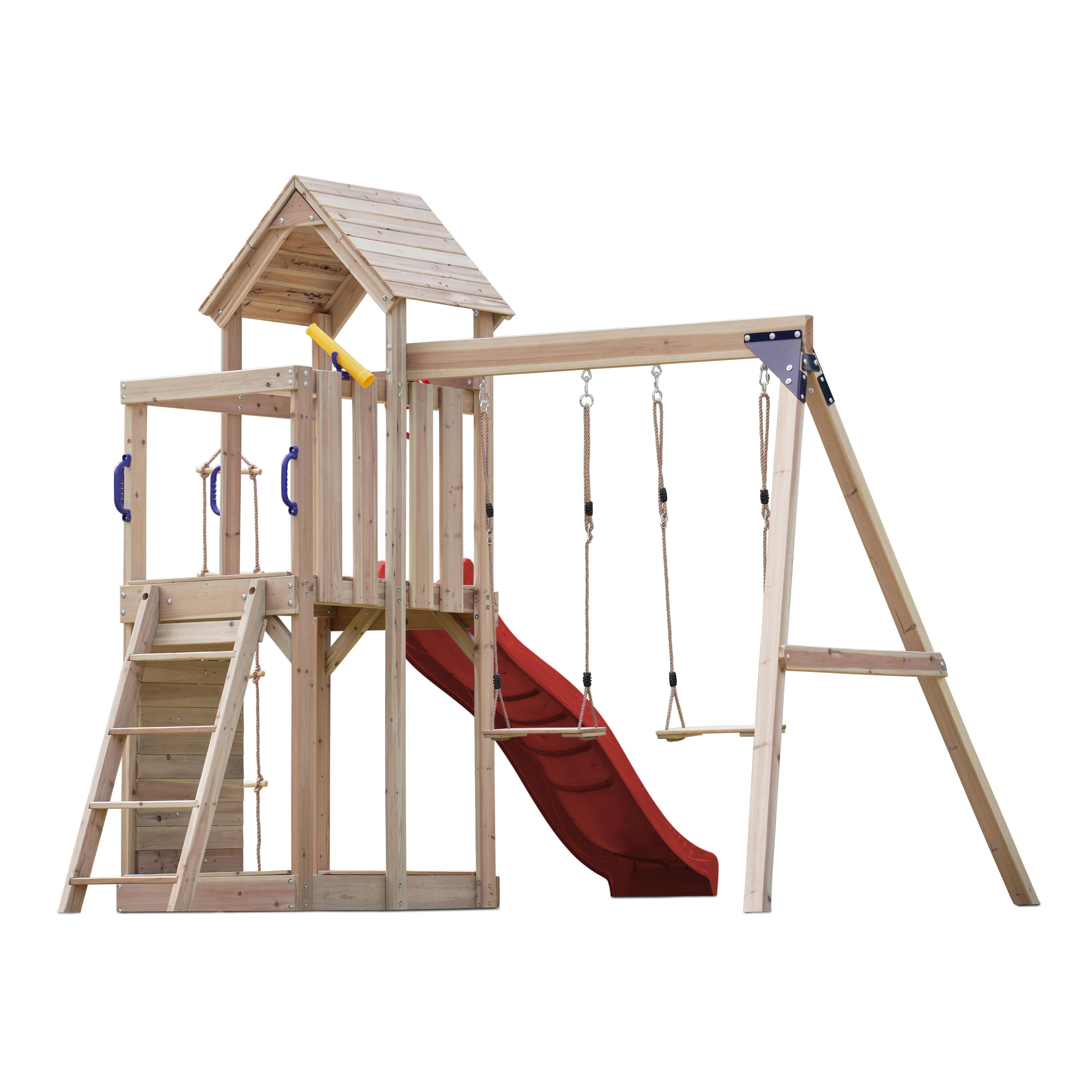 Aire de jeux, Moos avec balançoire double et échelle en corde - toboggan rouge 7/7