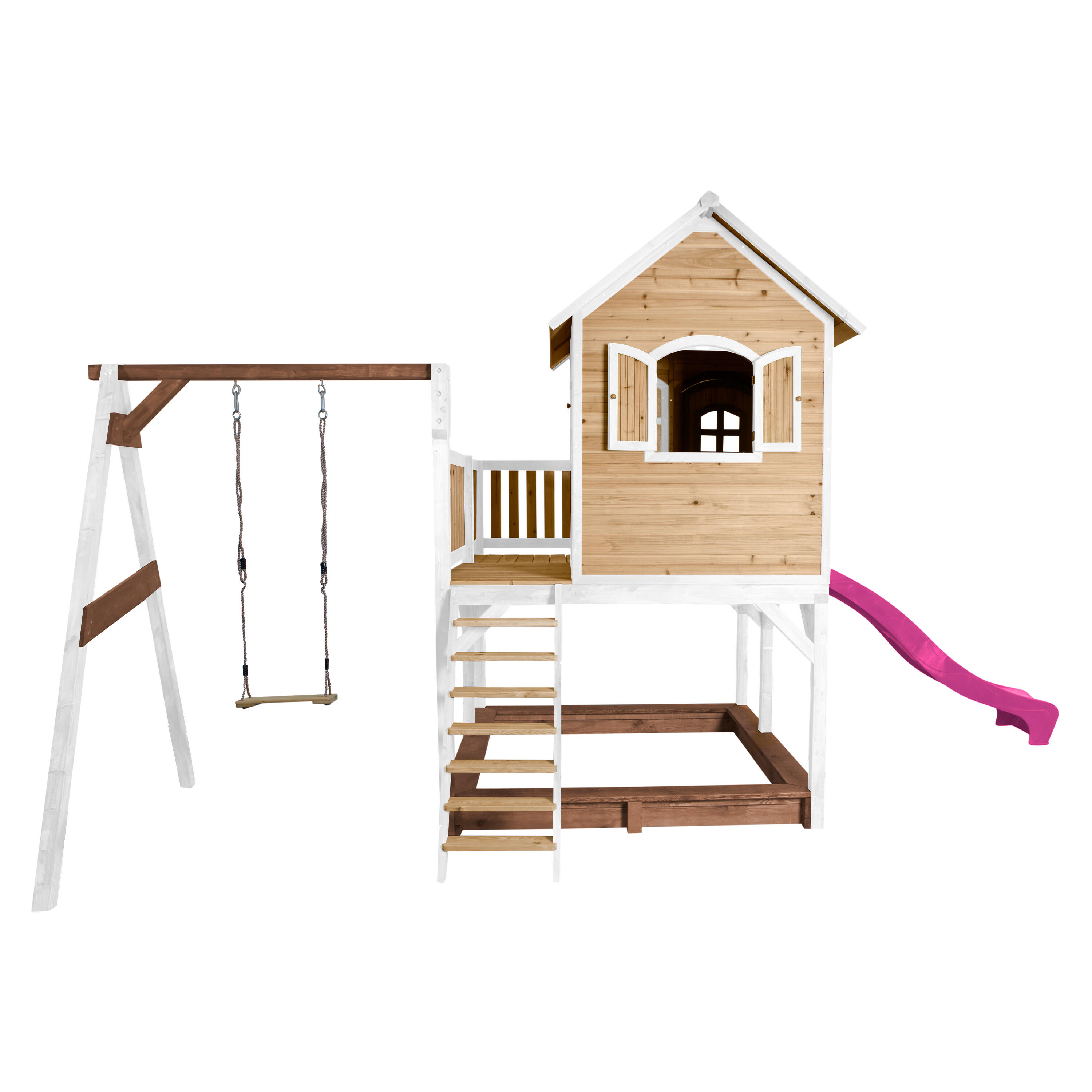 Maisonnette en bois Liam Marron/Blanche avec 1 Balançoire - Toboggan Violet 6/7