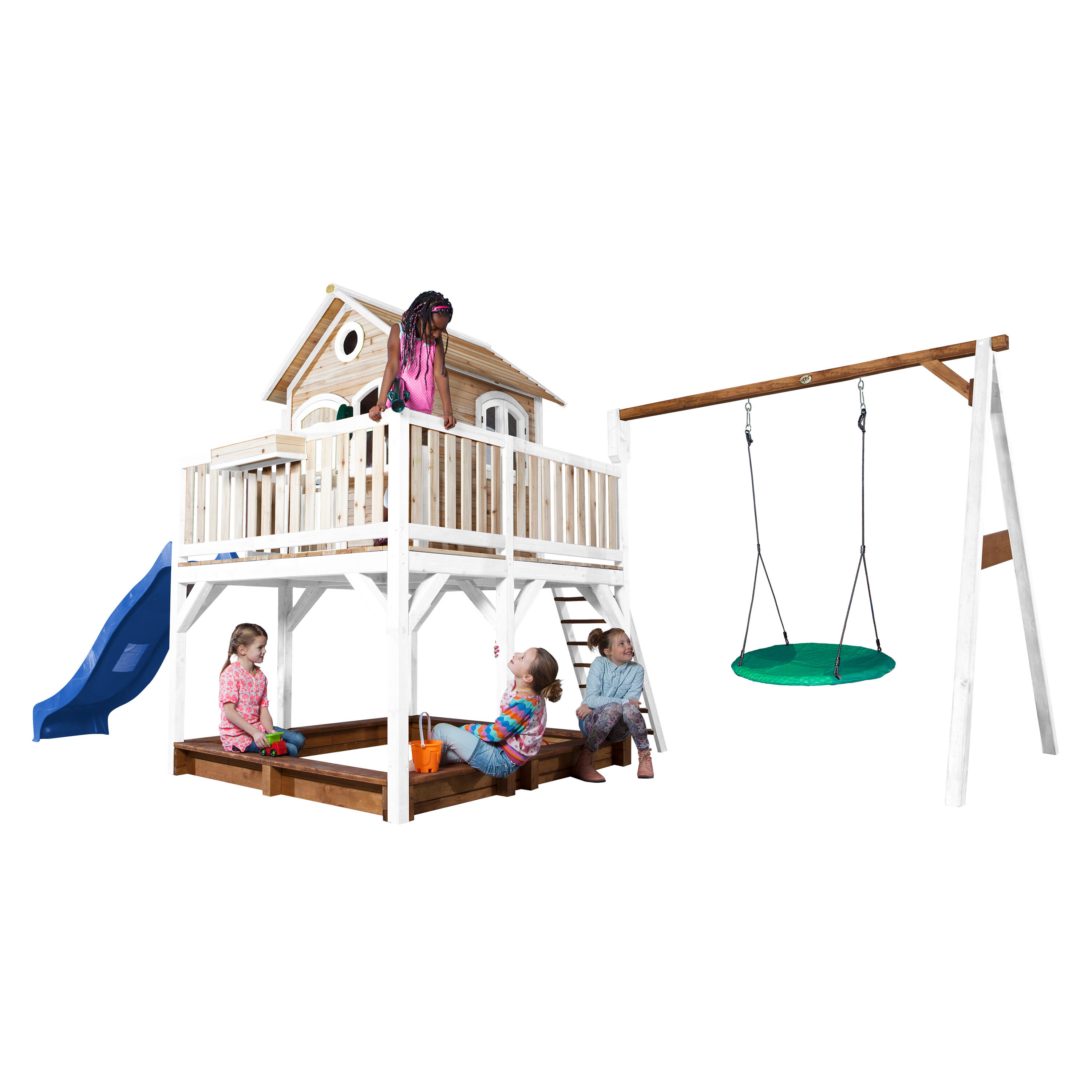 Casetta da giardino per bambini Liam, sabbiera, altalena a nido, scivolo blu 6/7