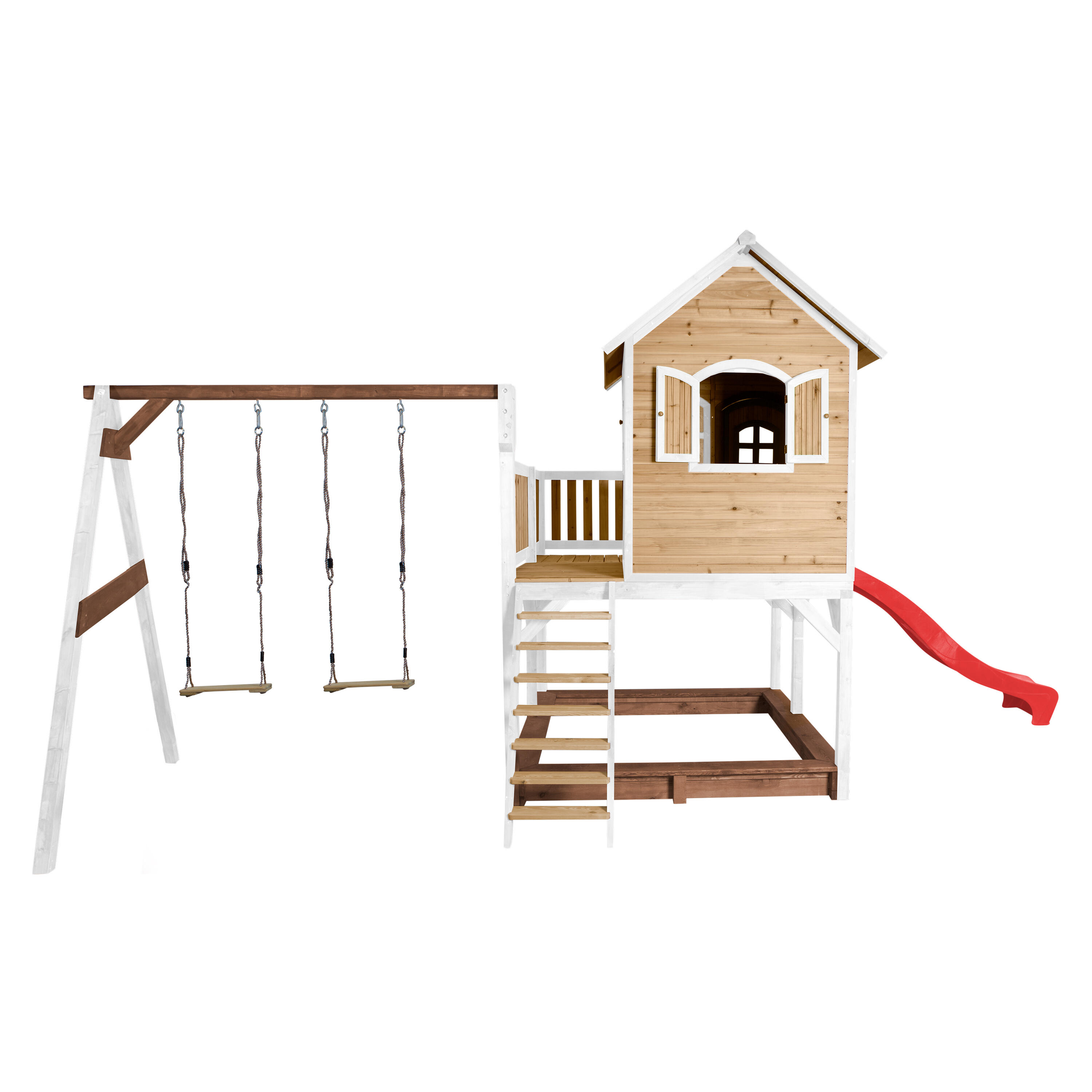 Maisonnette en bois Liam Marron/Blanche avec 2 Balançoires - Toboggan Rouge 5/7