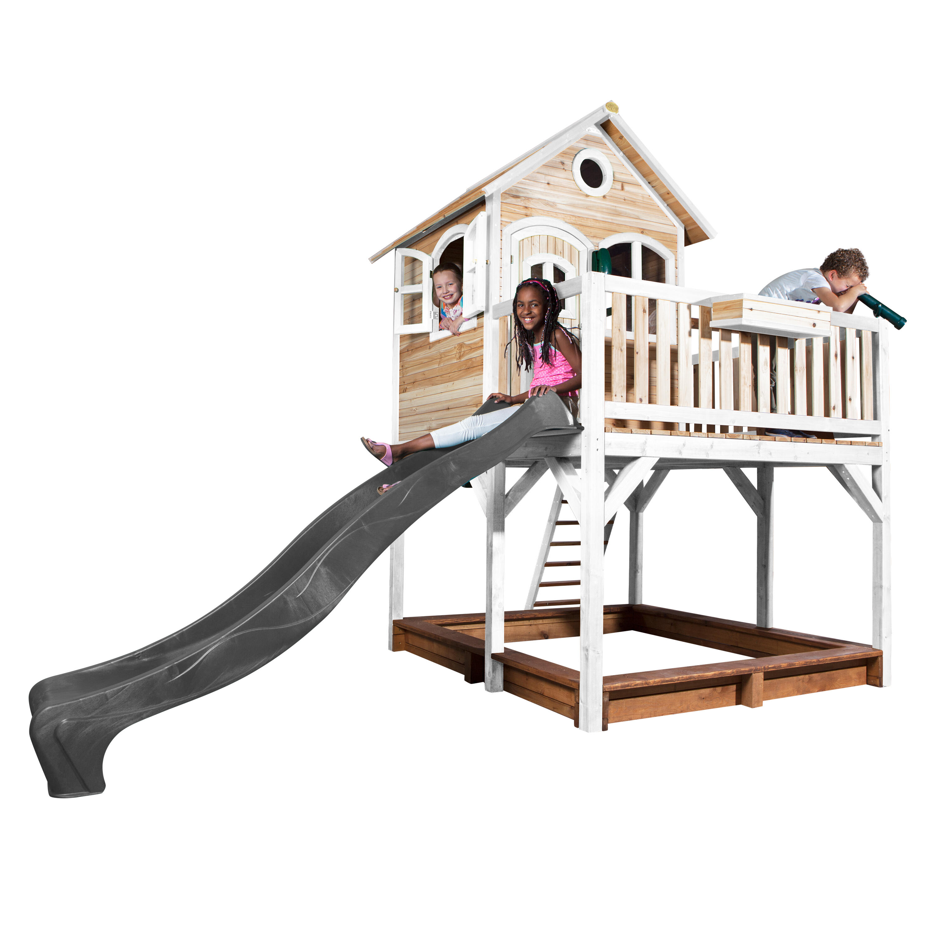 Maisonnette en bois Liam Marron/Blanche - Toboggan Gris 7/7
