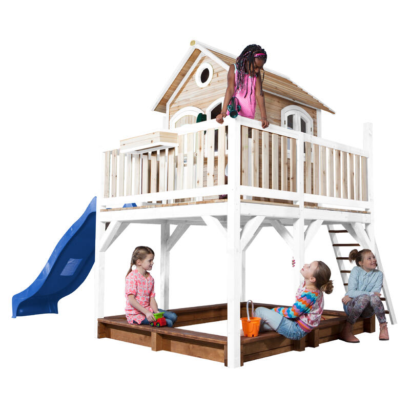 AXI Liam Maison Enfant Marron et Blanche Bac à Sable & Toboggan Bleu, Bois FSC