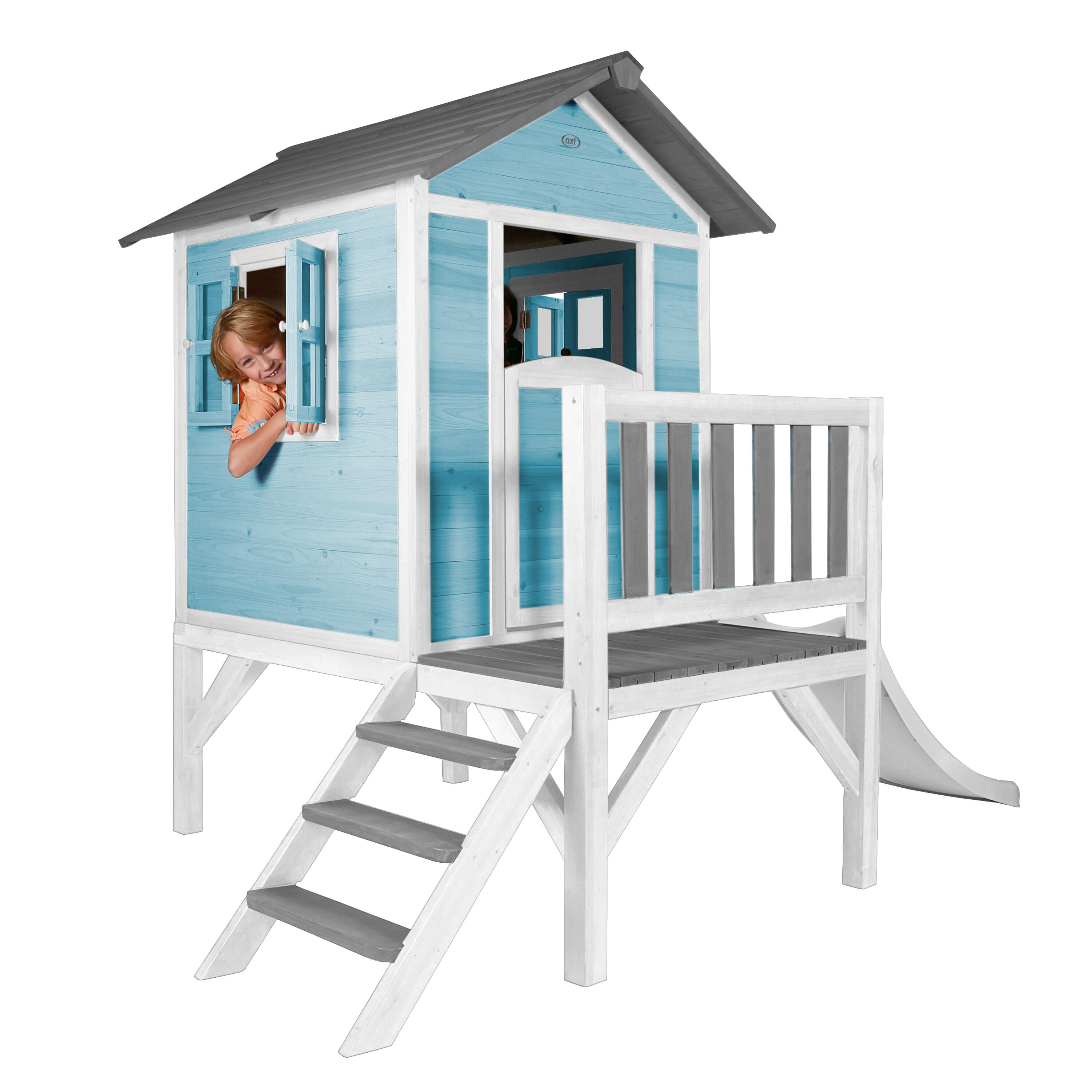 Casetta da giardino per bambini Lodge XL blu - Scivolo bianco 6/7