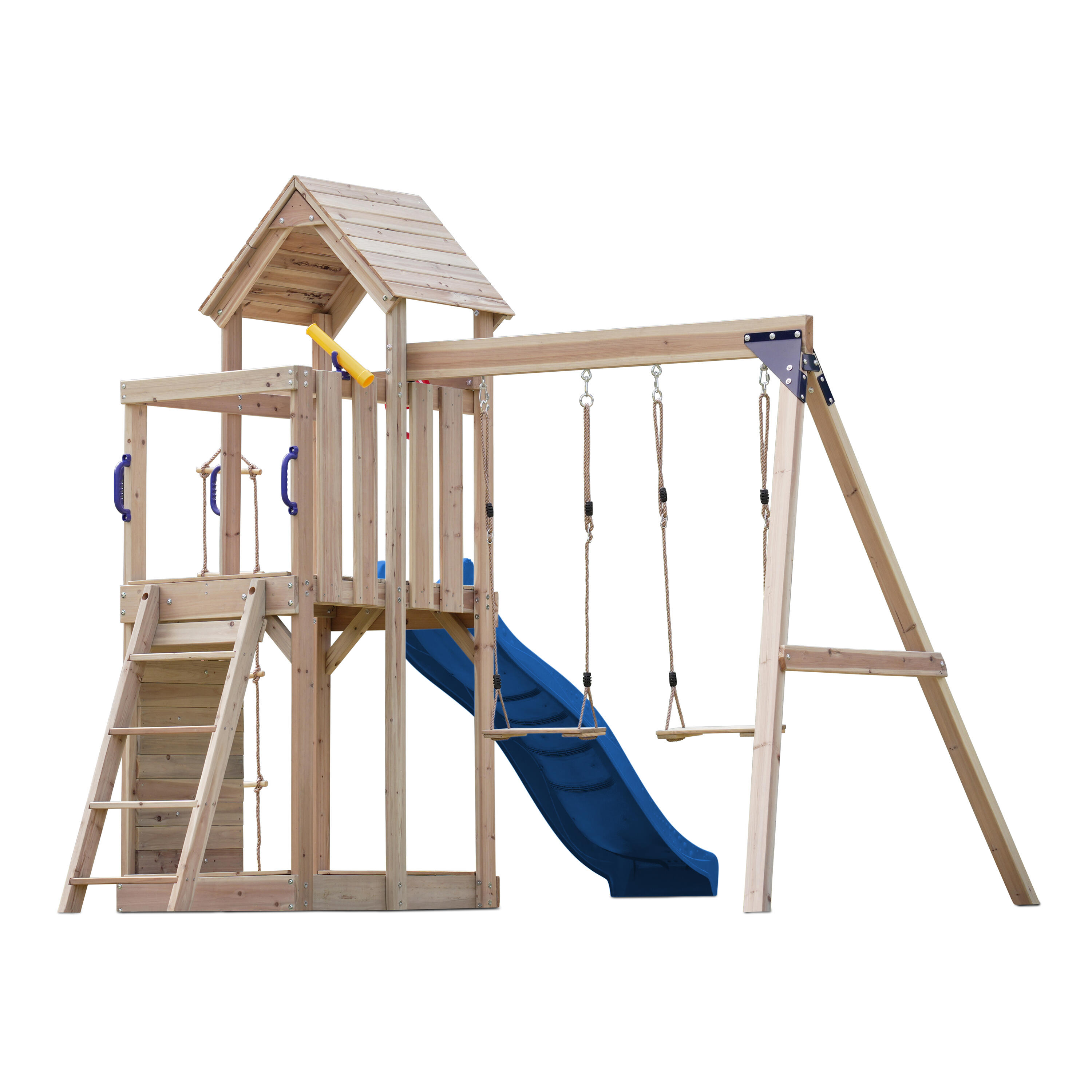 Aire de jeux, Moos avec balançoire double et échelle en corde - toboggan bleu 7/7
