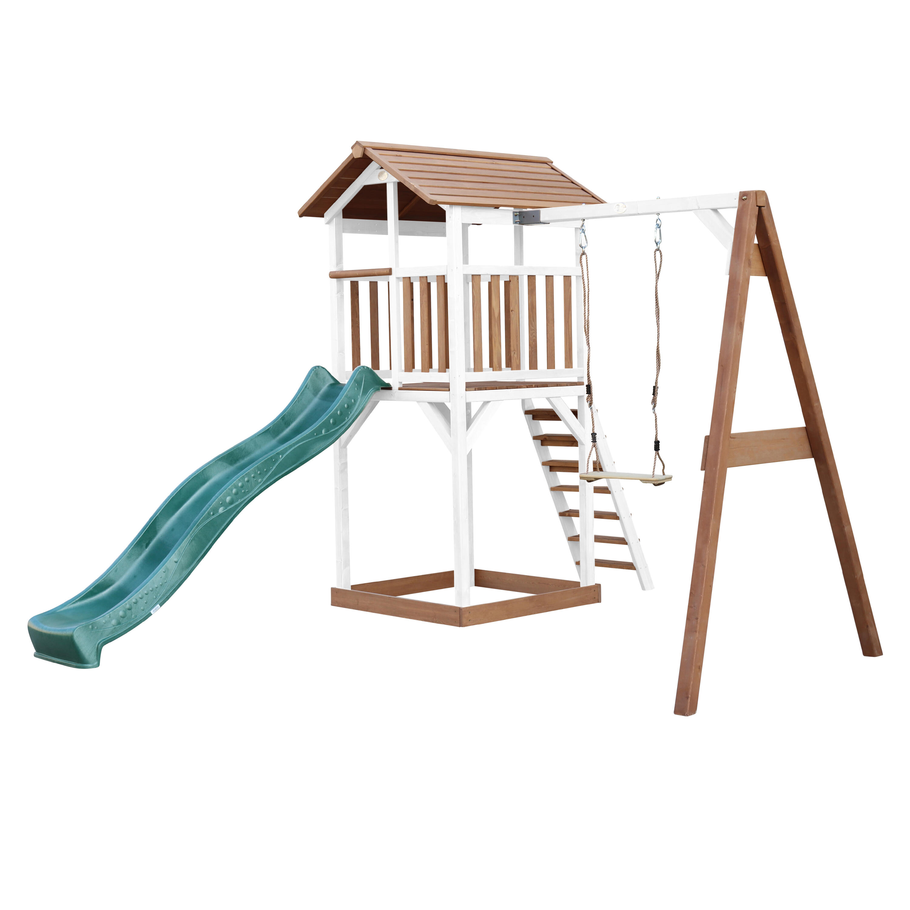 Aire de jeux Beach Tower Marron/Blanche avec 1 Balançoire - Toboggan Vert 2/7