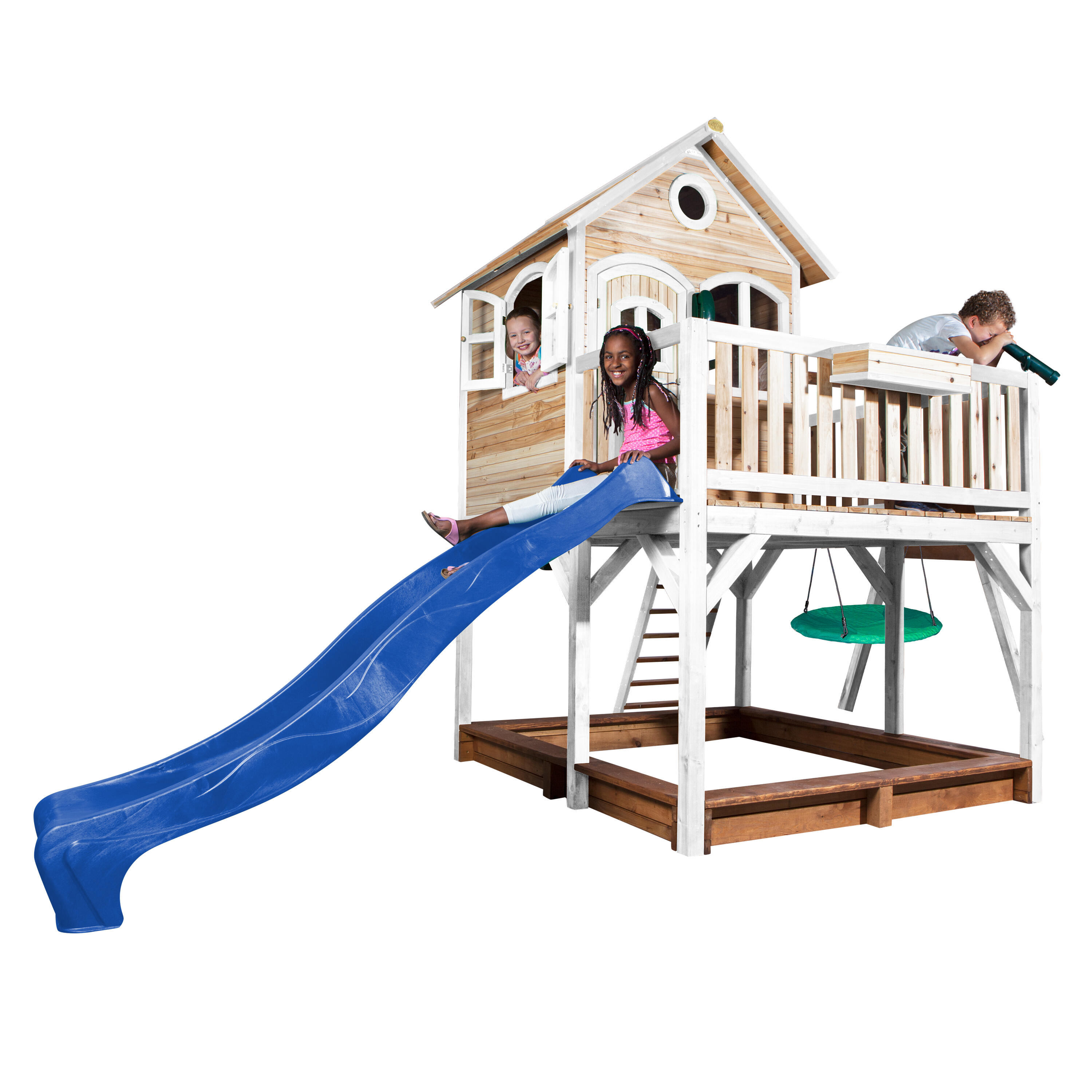 Casetta da giardino per bambini Liam, sabbiera, altalena a nido, scivolo blu 7/7