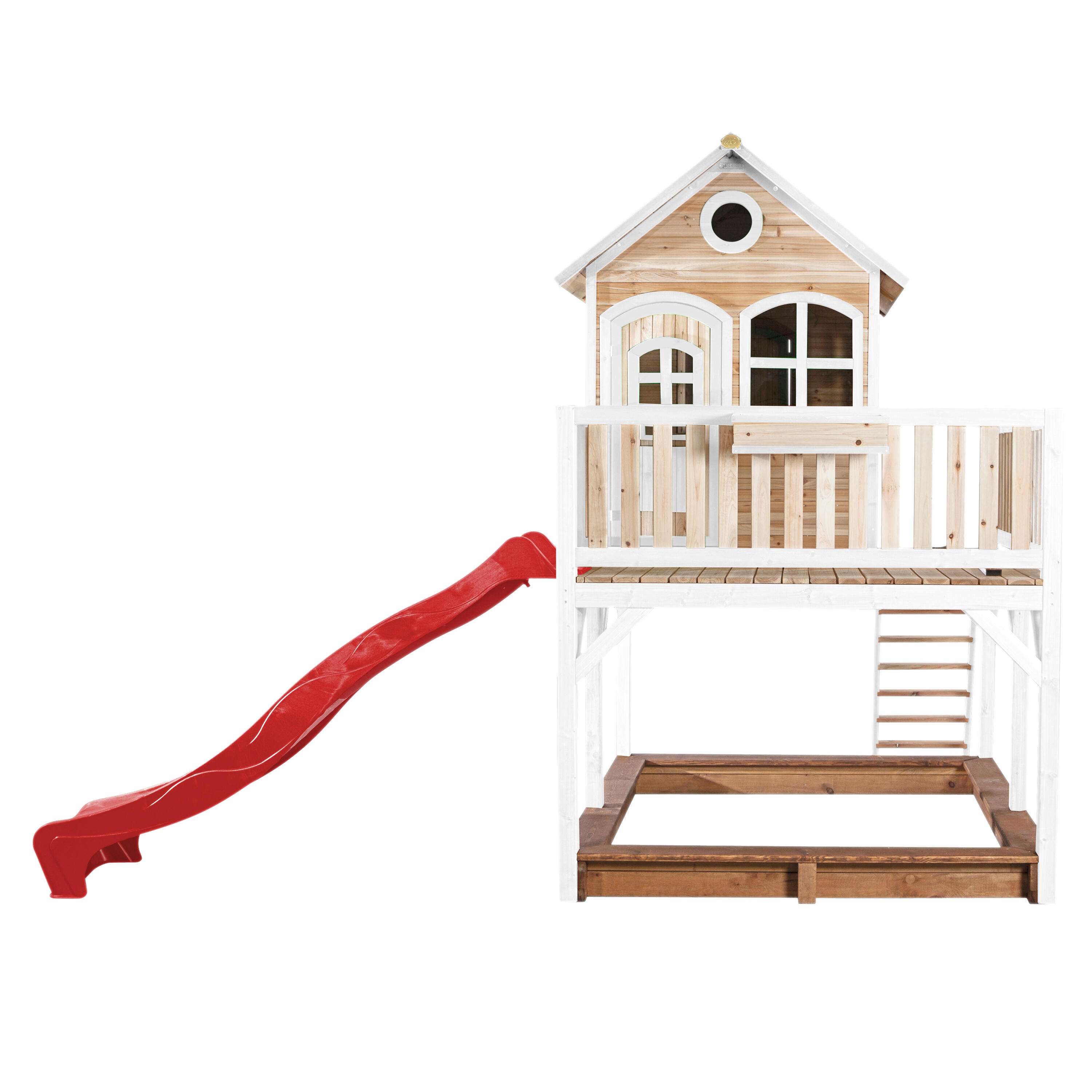 Casita de madera Liam marrón/blanca - Tobogán rojo 2/7