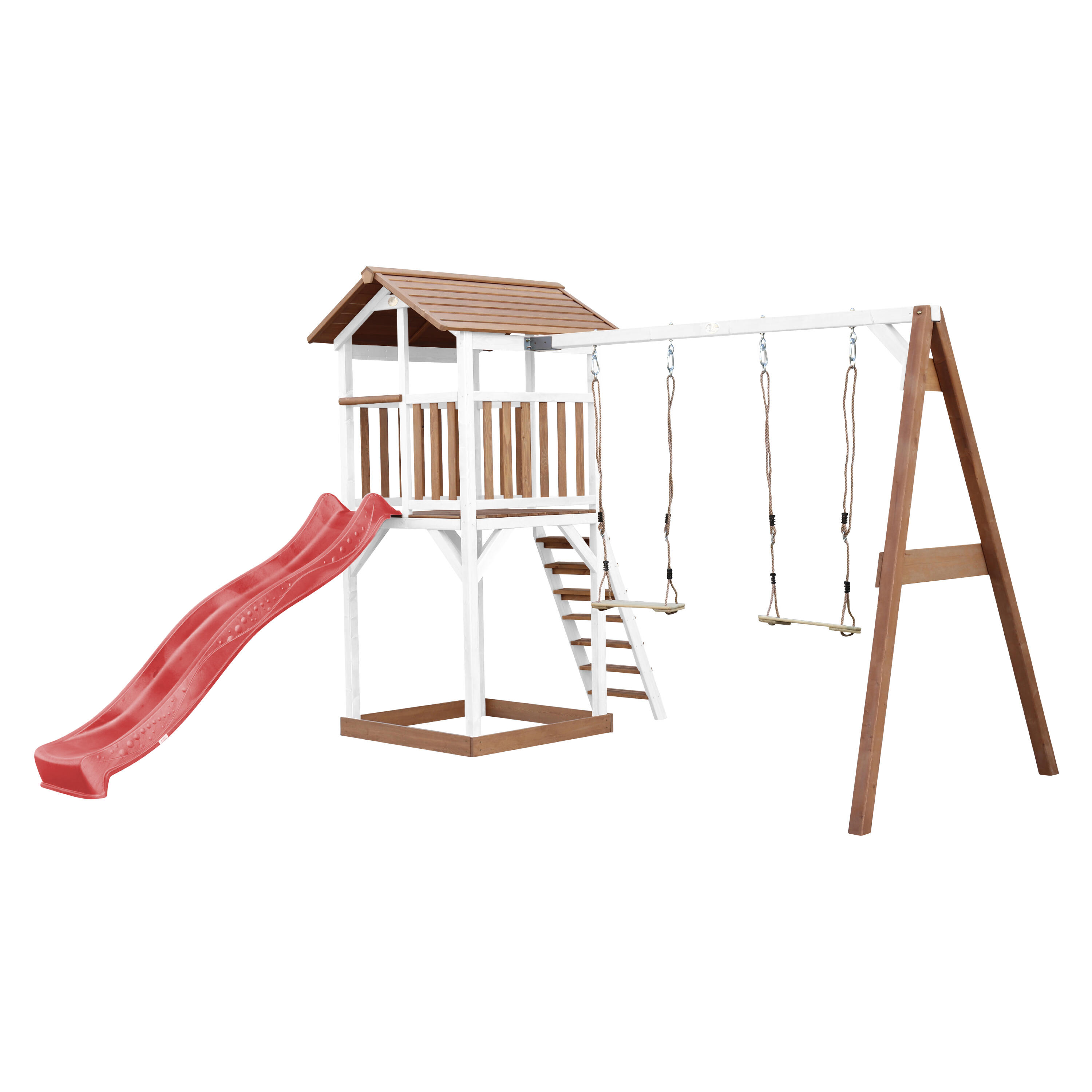 Aire de jeux Beach Tower Marron/Blanche avec 2 Balançoires - Toboggan Rouge 2/7