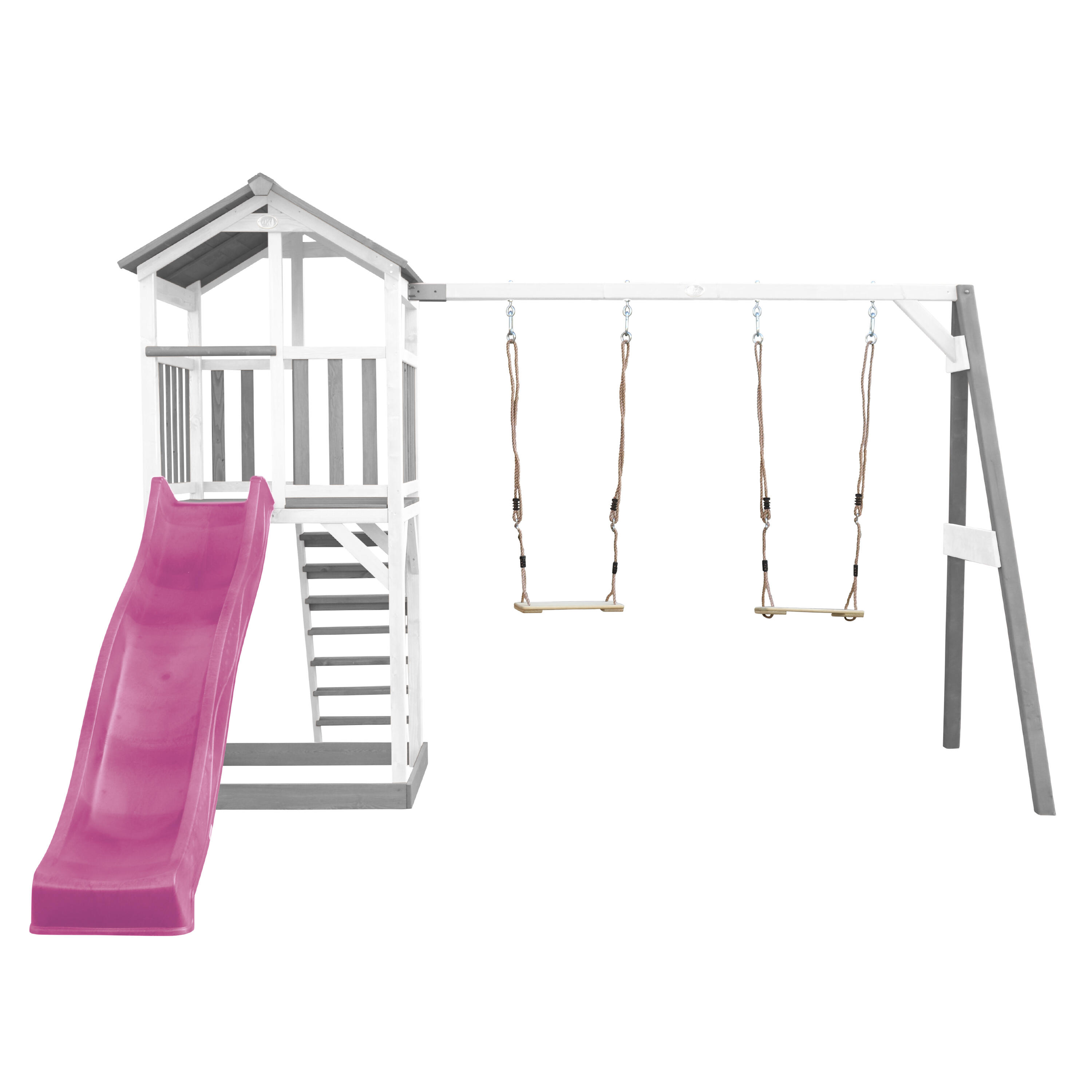 Aire de jeux Beach Tower Grise/Blanche avec 2 Balançoires - Toboggan Violet 5/7
