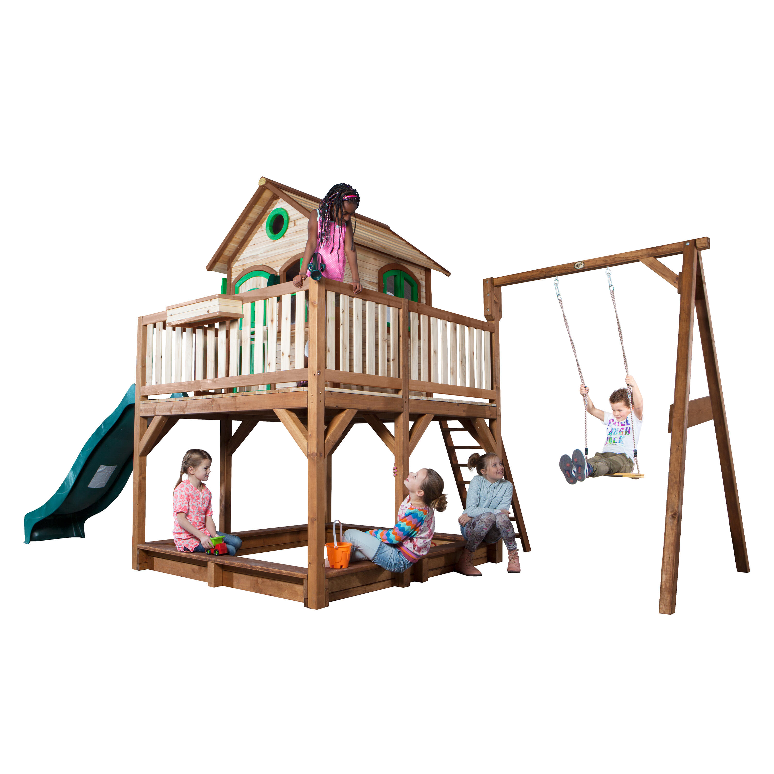 Maisonnette en bois Liam Marron/Verte avec 1 Balançoire - Toboggan Vert 7/7