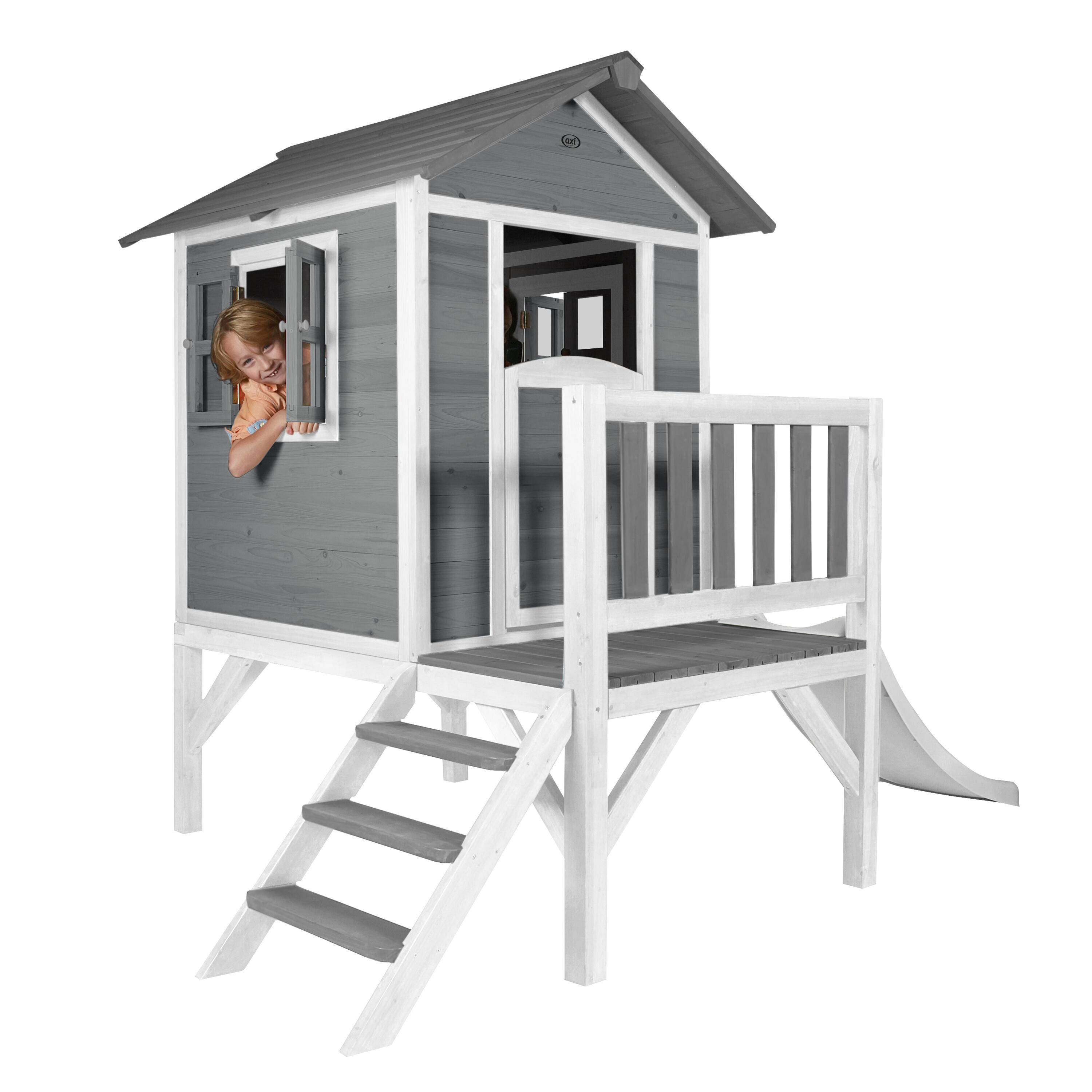 Maisonnette en bois Lodge XL Grise - Toboggan Blanc 6/7