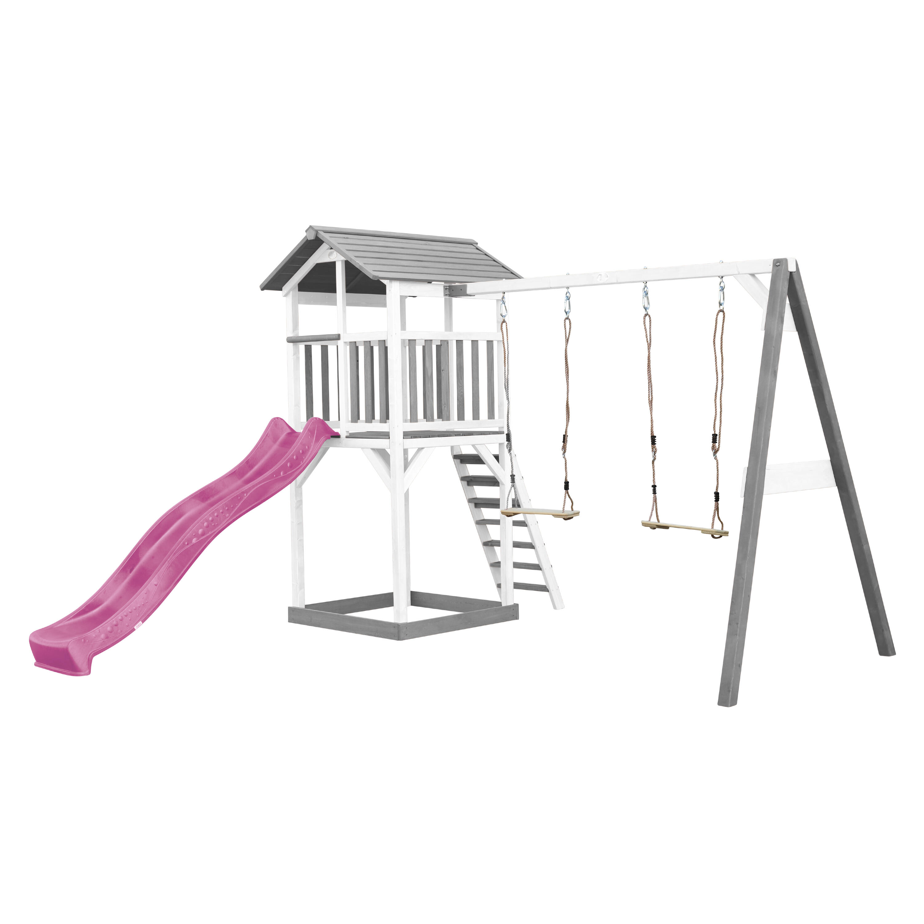 Aire de jeux Beach Tower Grise/Blanche avec 2 Balançoires - Toboggan Violet 2/7