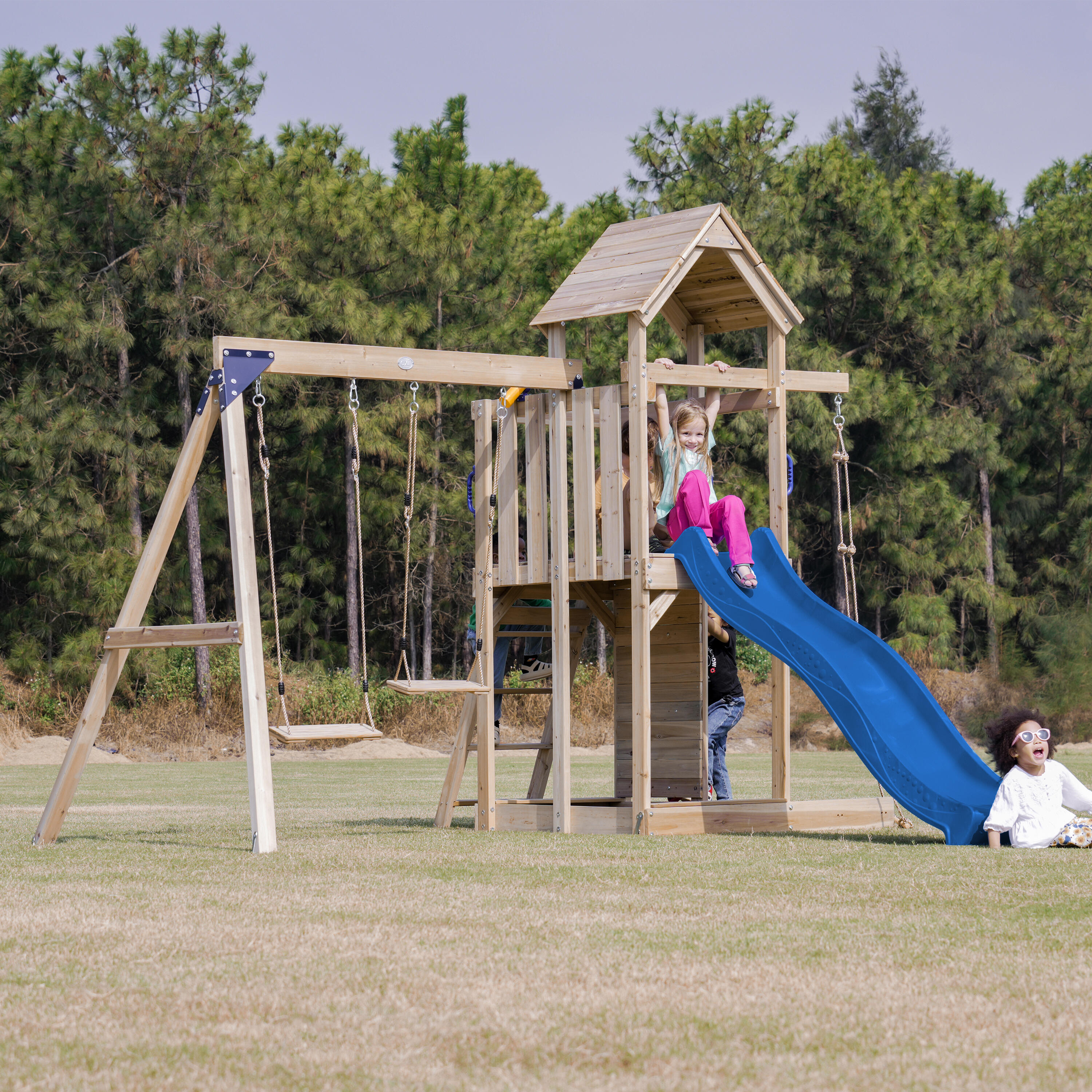 Aire de jeux, Moos avec balançoire double et échelle en corde - toboggan bleu 4/7