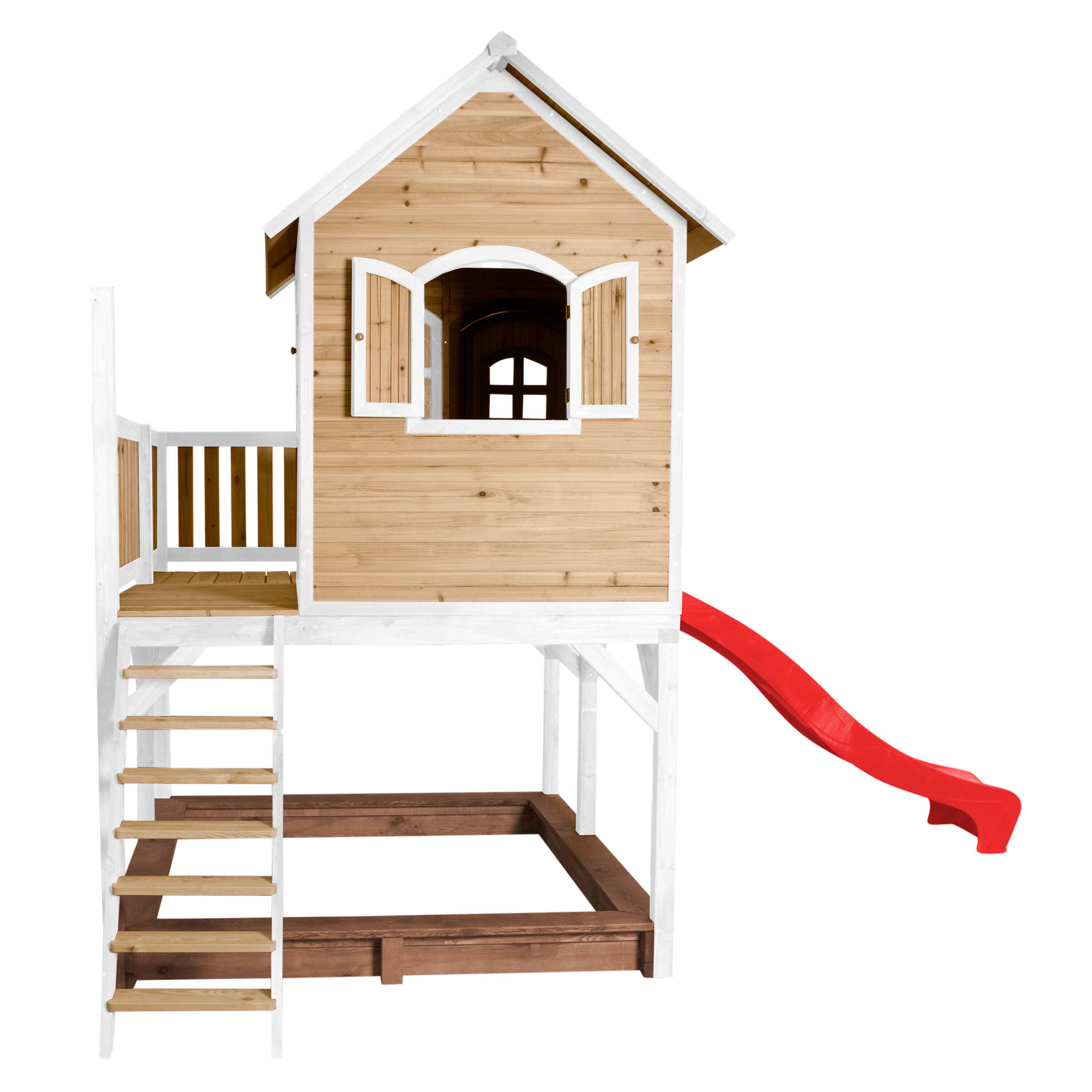 Casita de madera Liam marrón/blanca - Tobogán rojo 5/7
