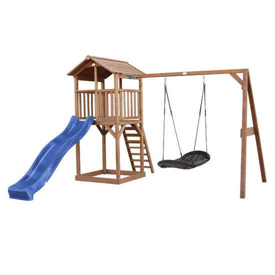 Aire de jeux Beach Tower marron, Toboggan Bleu, Balançoire Nid d'oiseau