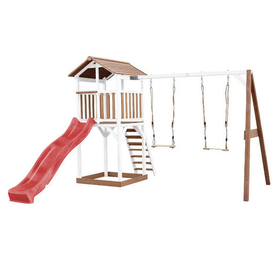 Beach Tower Speeltoren Bruin/Wit, Glijbaan Rood, 2 Schommels