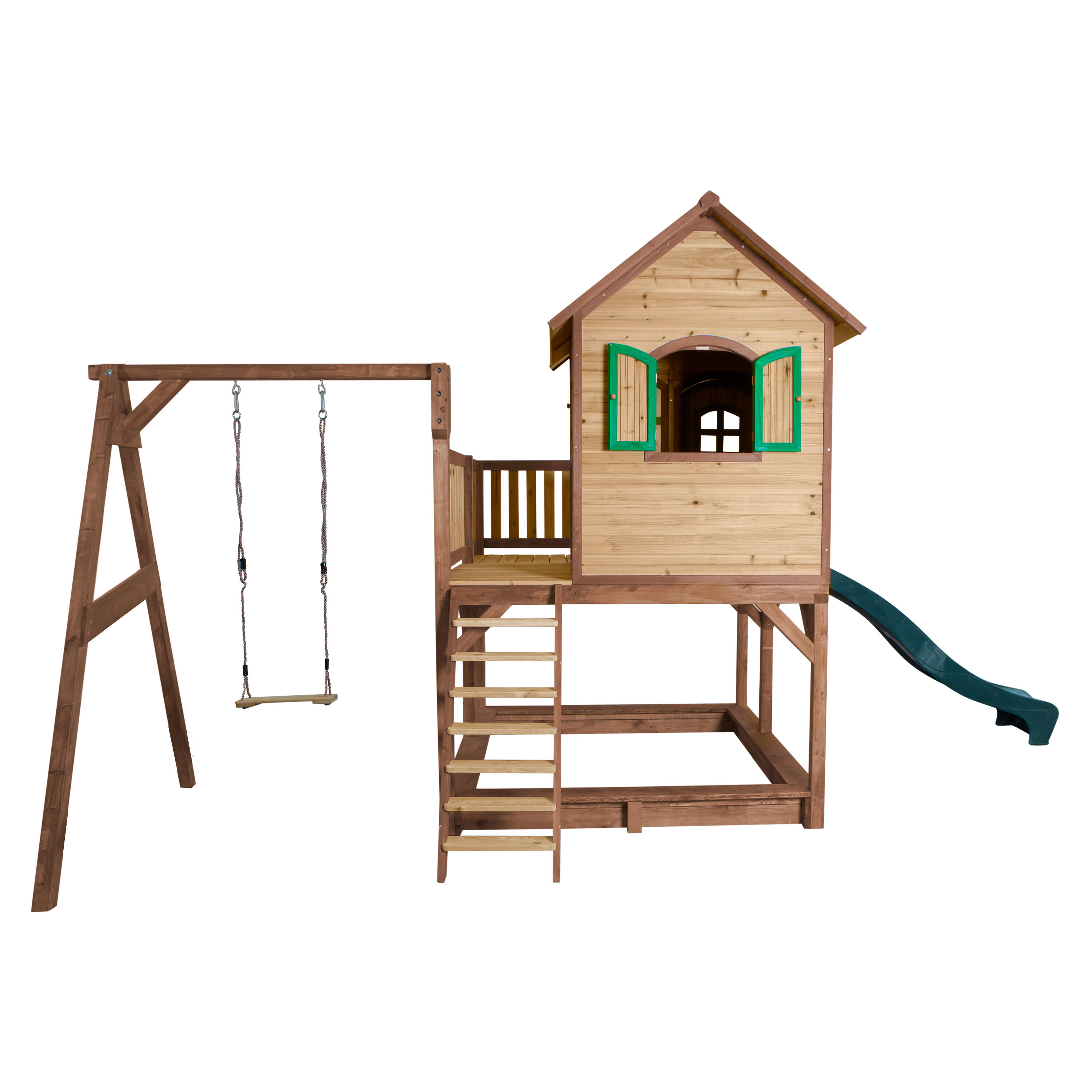 Maisonnette en bois Liam Marron/Verte avec 1 Balançoire - Toboggan Vert 6/7