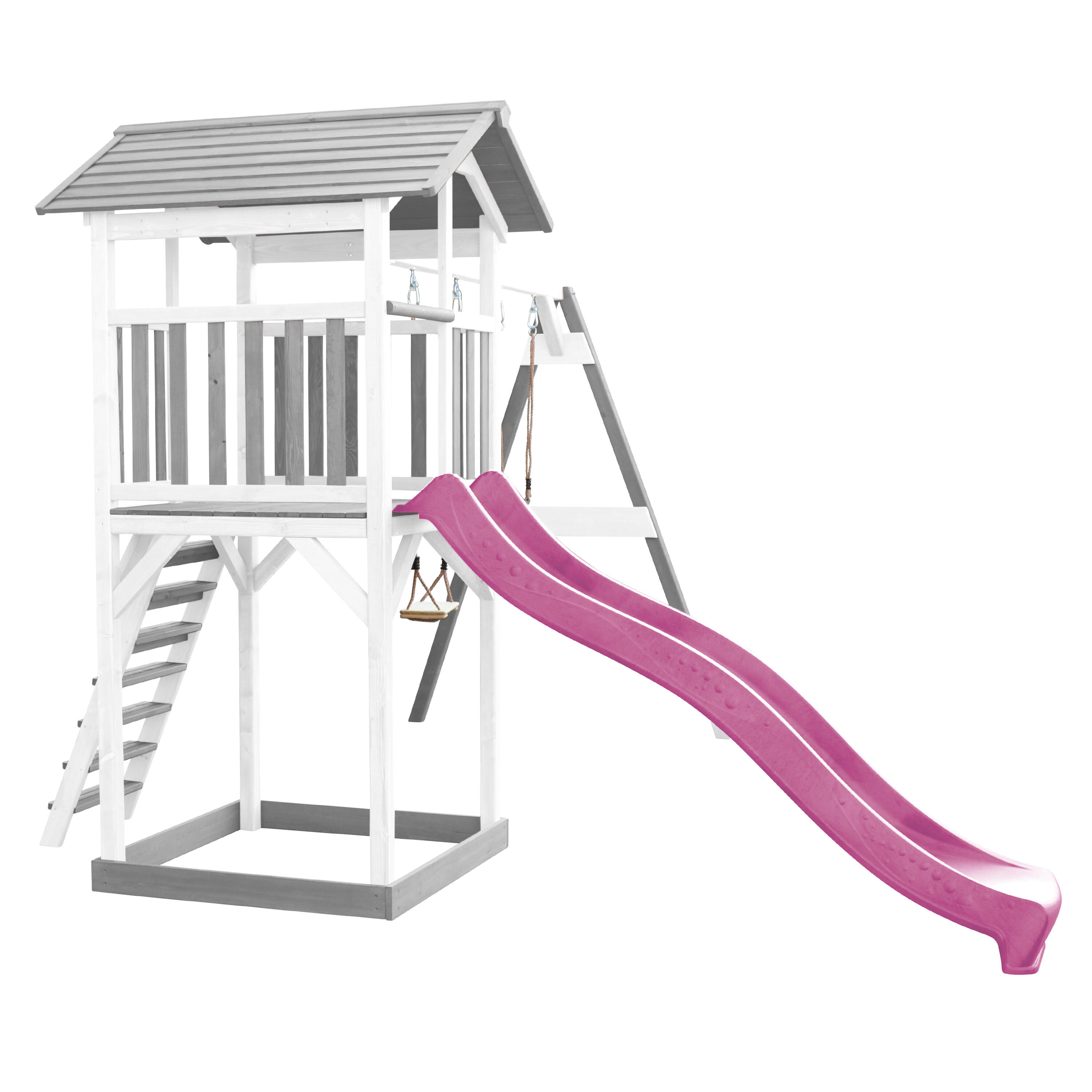 Aire de jeux Beach Tower Grise/Blanche avec 2 Balançoires - Toboggan Violet 6/7