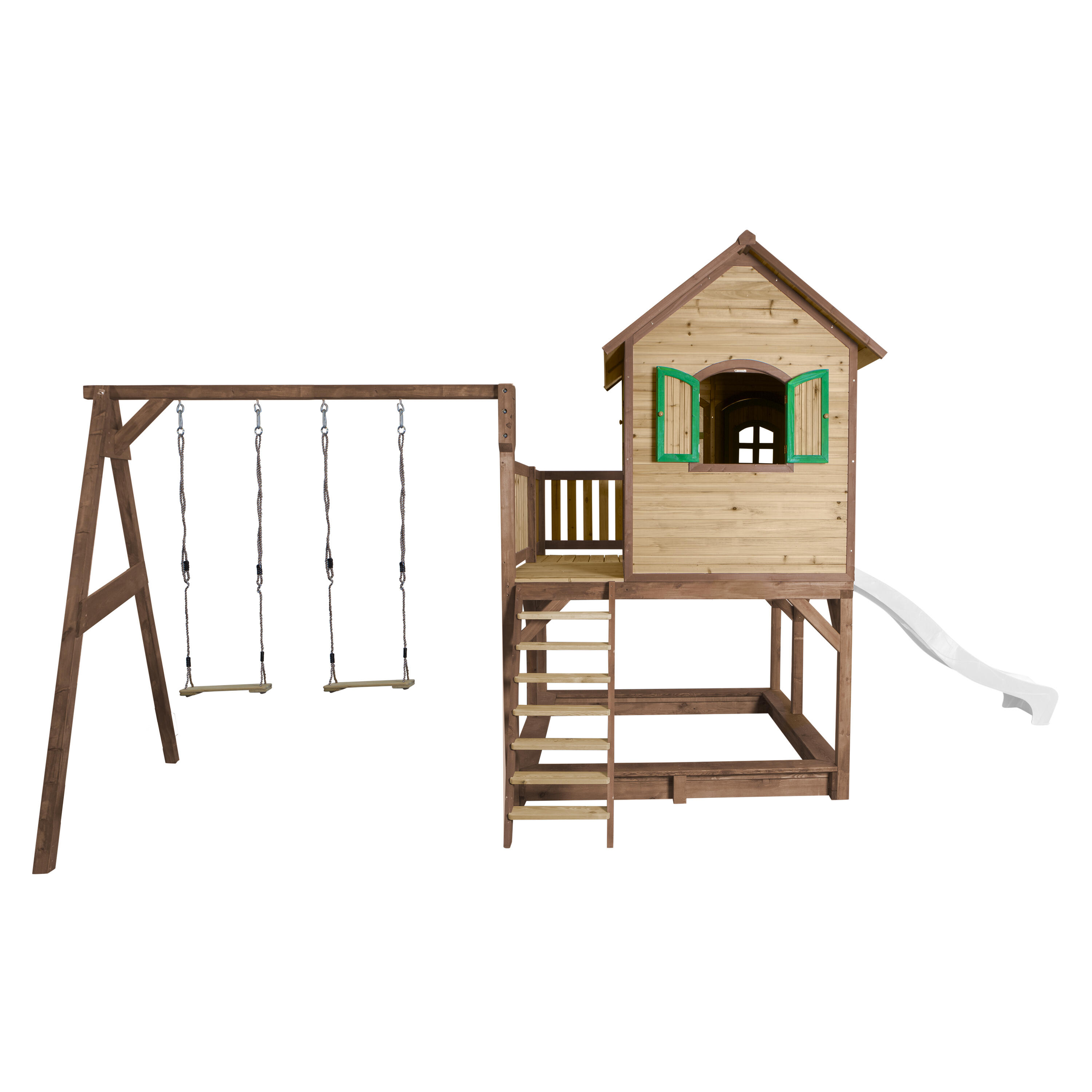 Maisonnette en bois Liam Marron/Verte avec 2 Balançoires - Toboggan Blanc 5/7